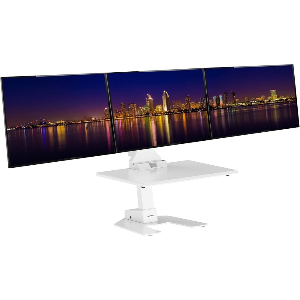 image:imageMountIt Double Monitor Electric Standing Desk Converter 2 Screens Stand Up Desk Riser Height Adjustable Desktop amp 2 Mounts for Screens up to 32 SitStand Convertor for Home Office SchoolWhite
