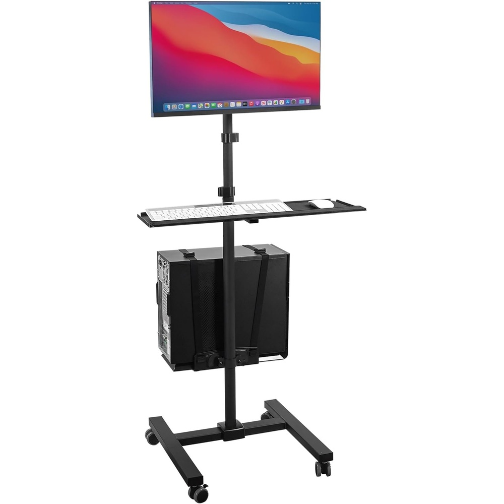 image:imageMountIt Rolling Computer Cart on Wheels Mobile Desk Workstation with Monitor Mount for up to 32 Screen Full Keyboard Tray Floating Adjustable CPU Holder Standing up to 70 Tall