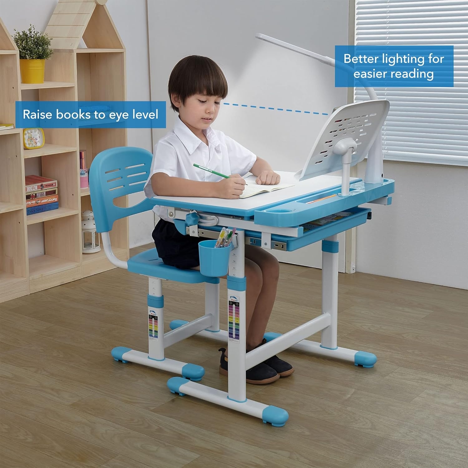 image:imageMountIt Accessory Kit for Height AdjustableKidsDesk Includes LEDLamp Book Holder Shelf and Pencil HolderCup GreyBlue