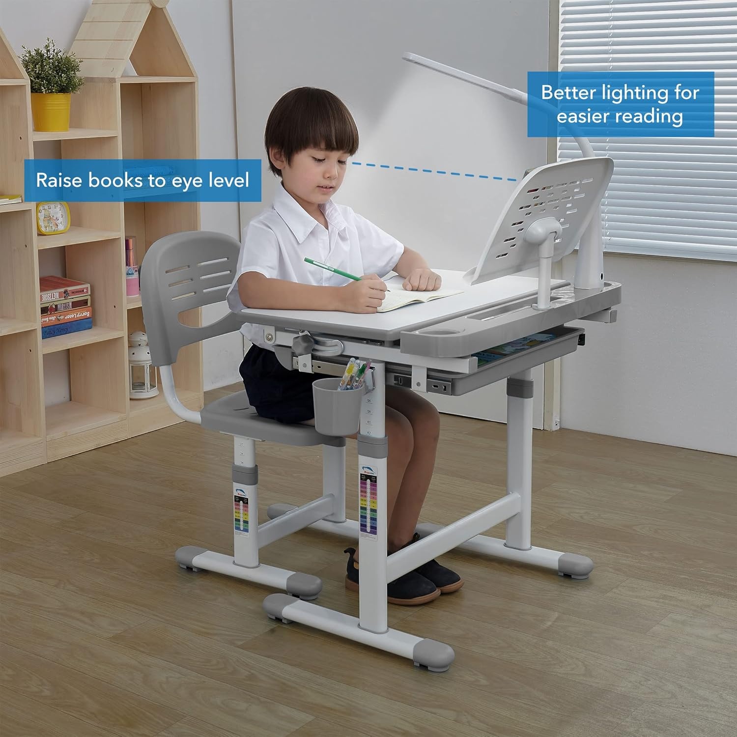 image:imageMountIt Accessory Kit for Height AdjustableKidsDesk Includes LEDLamp Book Holder Shelf and Pencil HolderCup GreyGray
