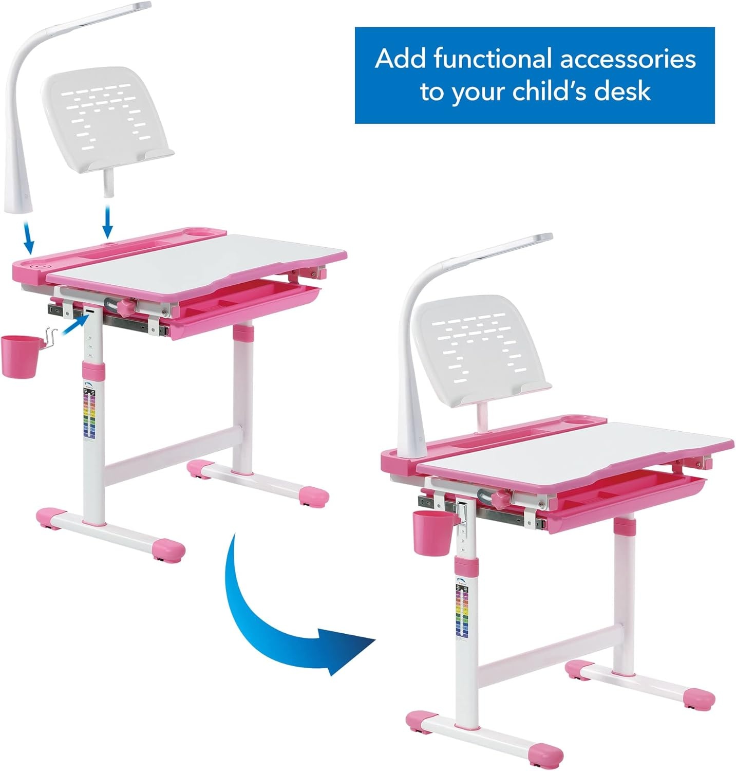 image:imageMountIt Accessory Kit for Height AdjustableKidsDesk Includes LEDLamp Book Holder Shelf and Pencil HolderCup GreyPink