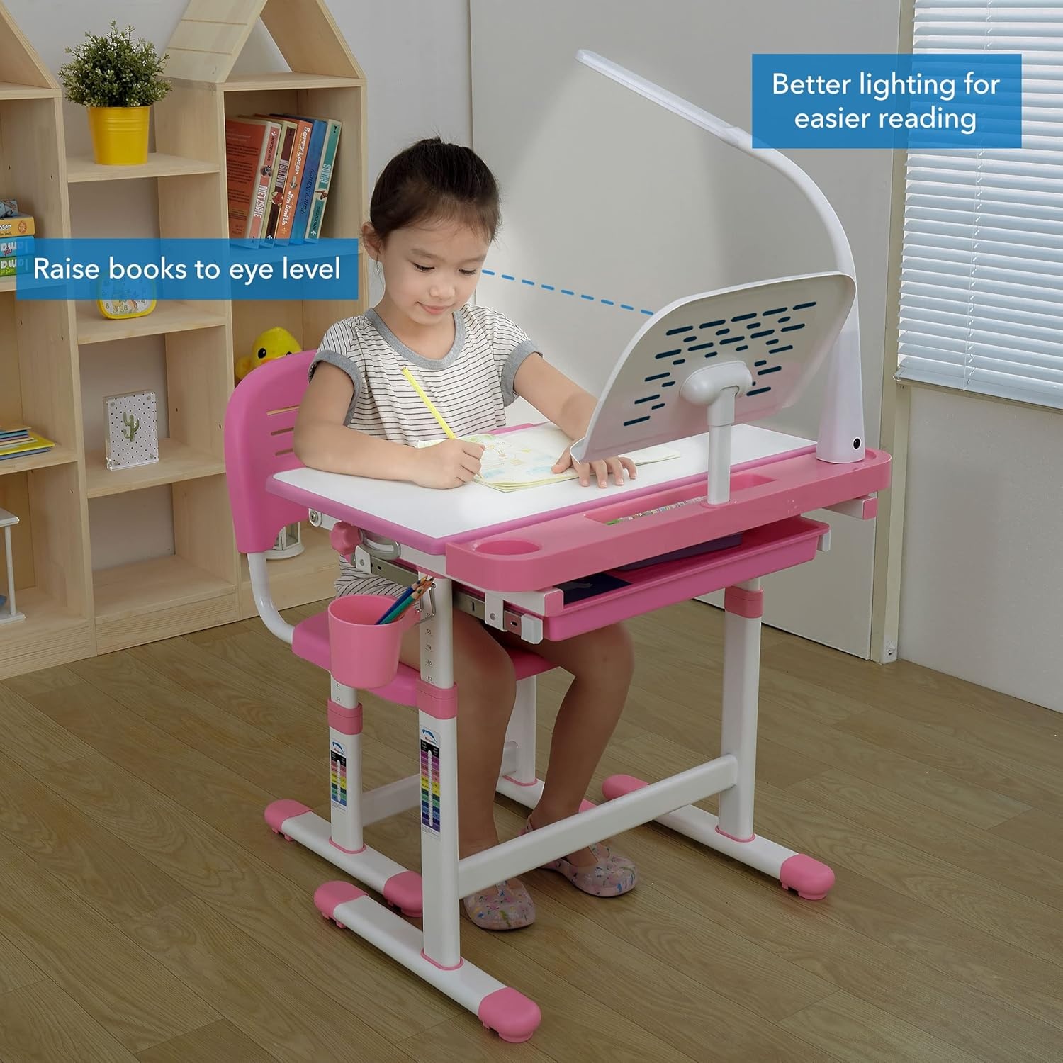 image:imageMountIt Accessory Kit for Height AdjustableKidsDesk Includes LEDLamp Book Holder Shelf and Pencil HolderCup GreyPink