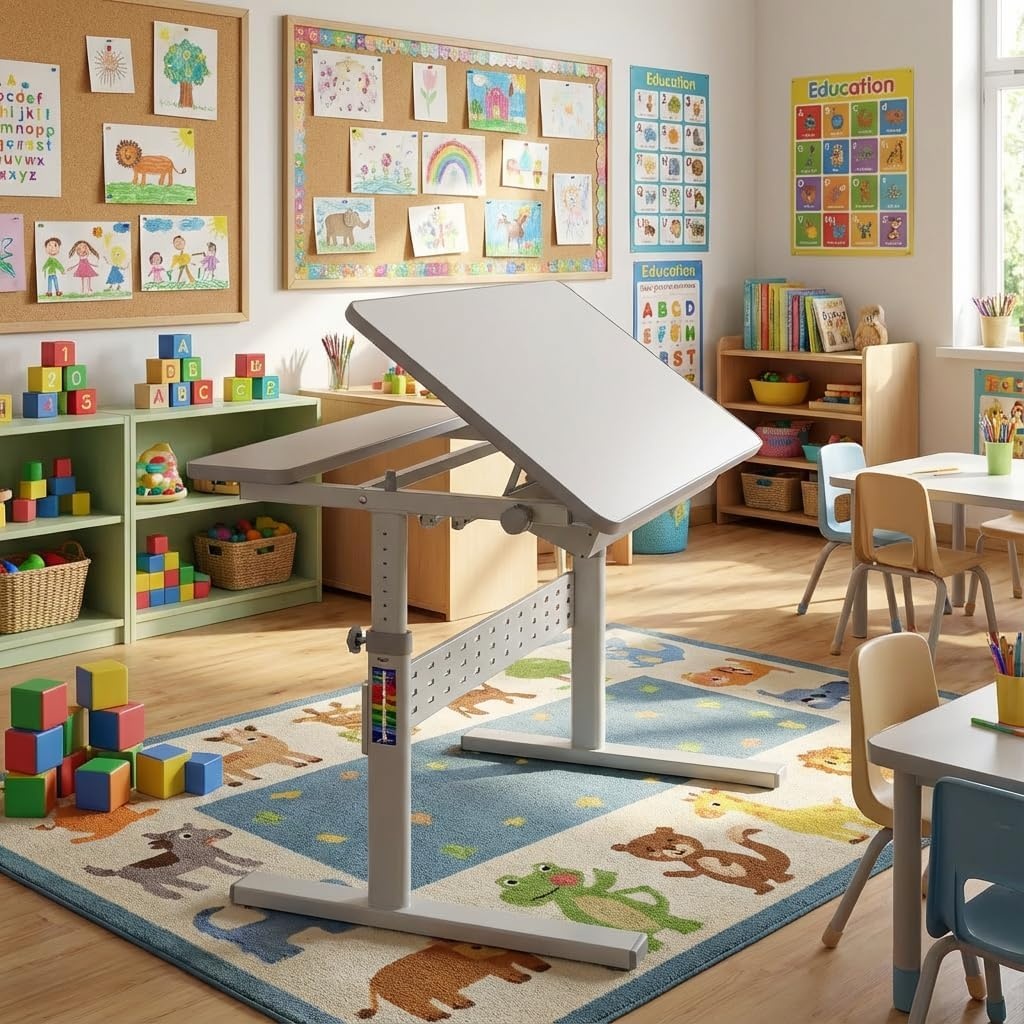 image:imageMountIt Kids Adjustable Desk with Tilting Desktop Height Adjustable Study Table with Storage Drawer Ergonomic Desk for Writing Drawing amp Homework 315 x 26 Desktop Size Gray
