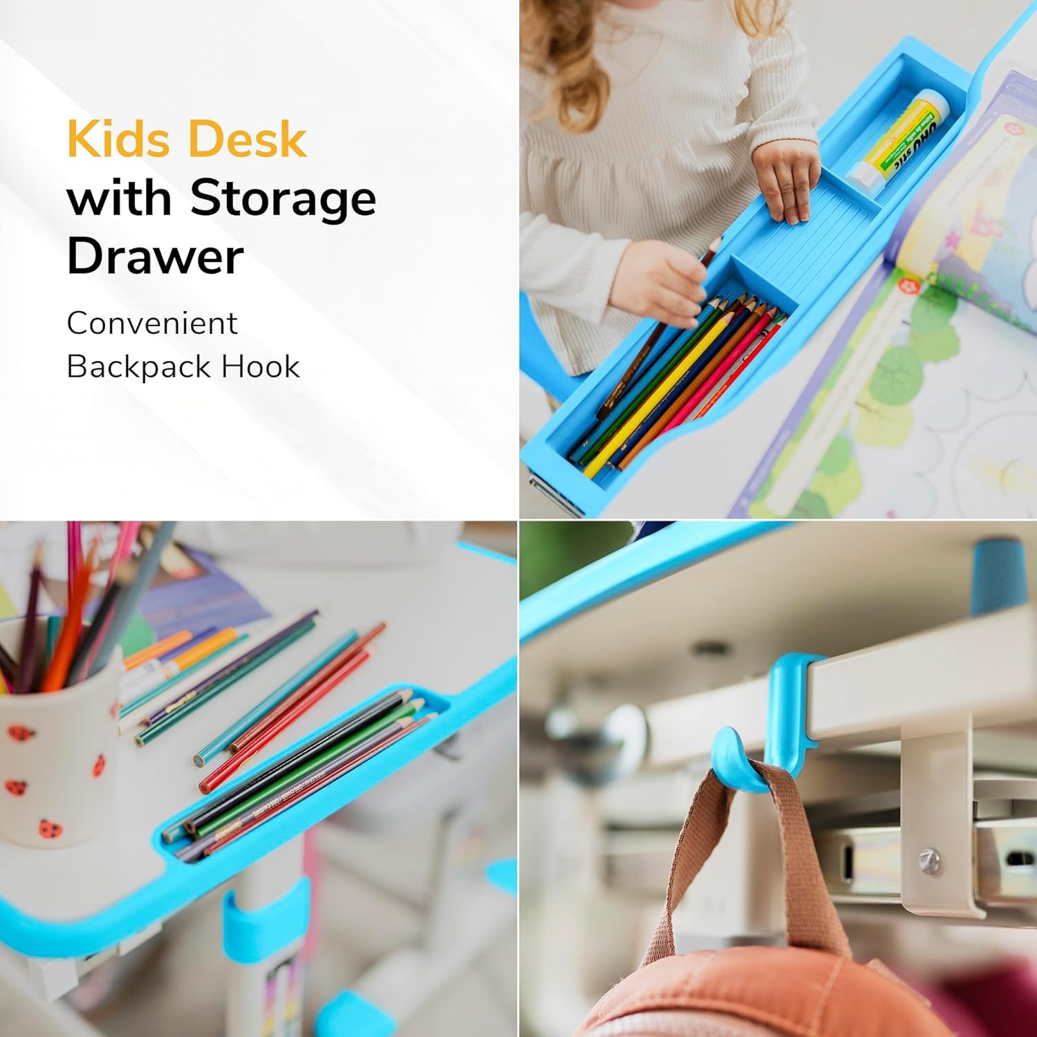 image:imageMountIt Kids Desk and Chair Set Height Adjustable Sturdy Girl Desk Child Study Desk and Chair Set for Boys Table for Art Home School Drafting Ergonomic with Storage Drawer PinkBlue