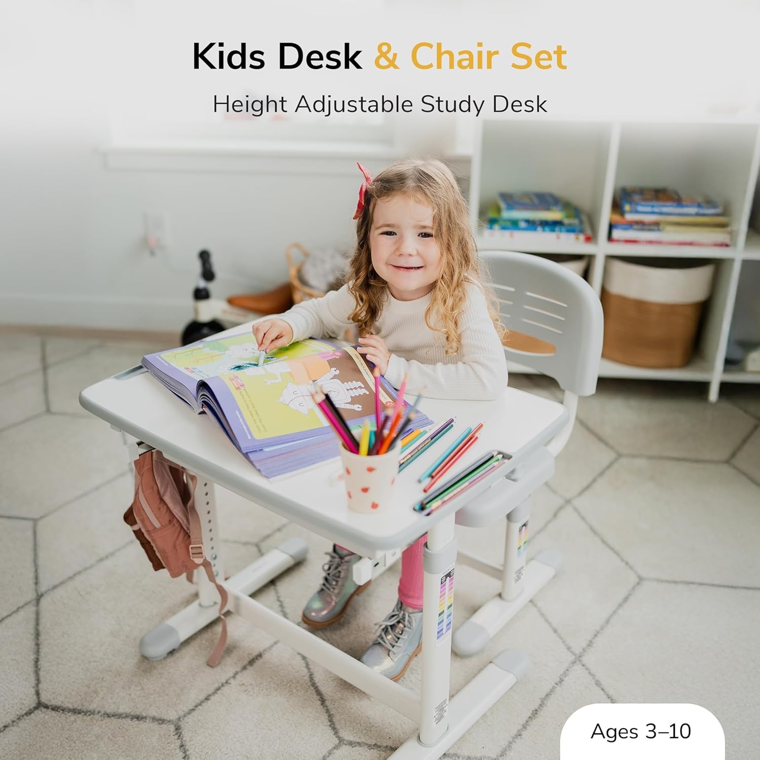 image:imageMountIt Kids Desk and Chair Set Height Adjustable Sturdy Girl Desk Child Study Desk and Chair Set for Boys Table for Art Home School Drafting Ergonomic with Storage Drawer PinkGrey