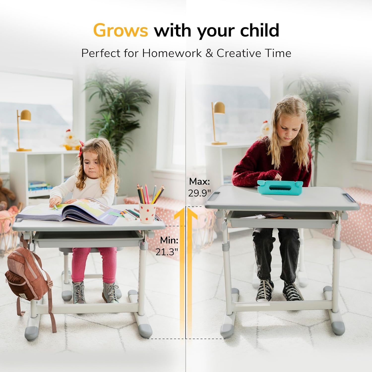 image:imageMountIt Kids Desk and Chair Set Height Adjustable Sturdy Girl Desk Child Study Desk and Chair Set for Boys Table for Art Home School Drafting Ergonomic with Storage Drawer PinkGrey