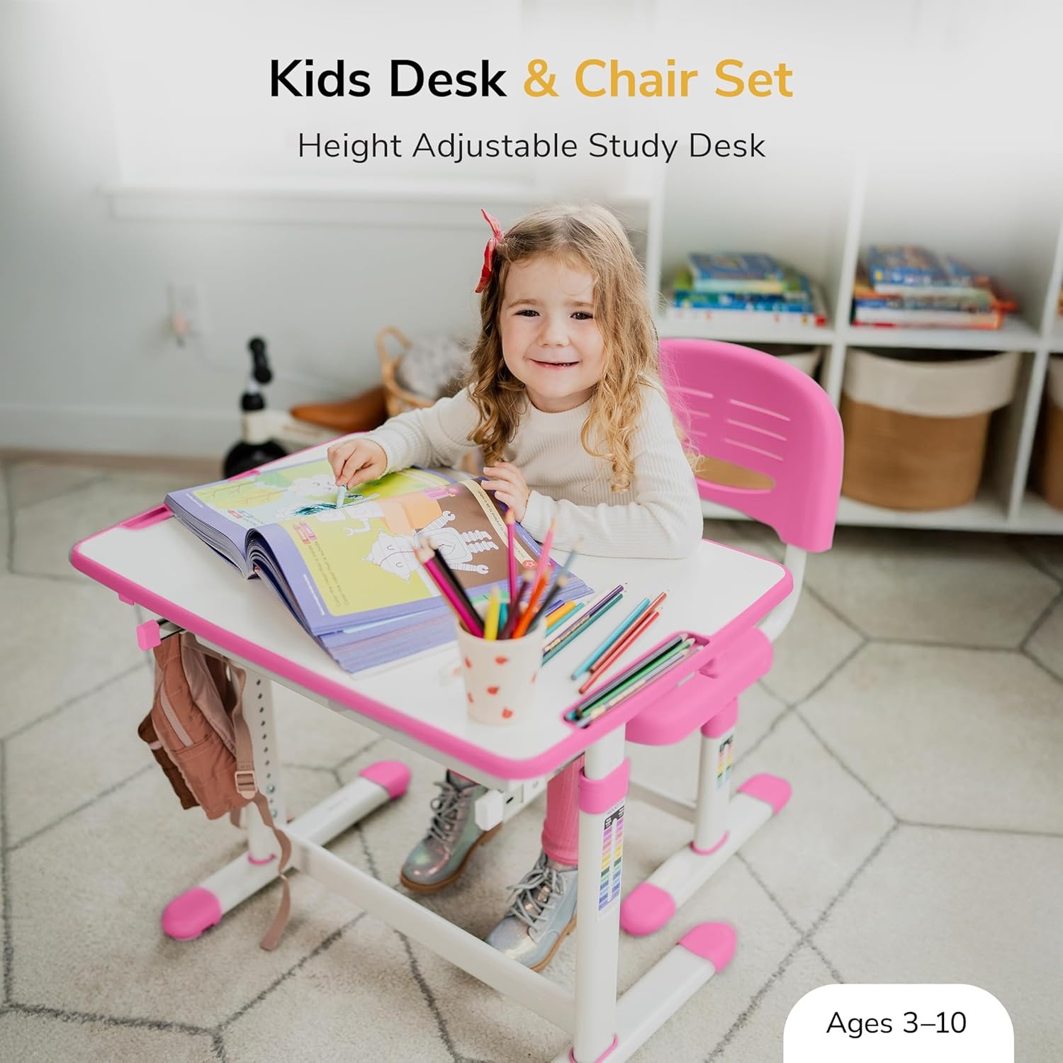image:imageMountIt Kids Desk and Chair Set Height Adjustable Sturdy Girl Desk Child Study Desk and Chair Set for Boys Table for Art Home School Drafting Ergonomic with Storage Drawer PinkPink