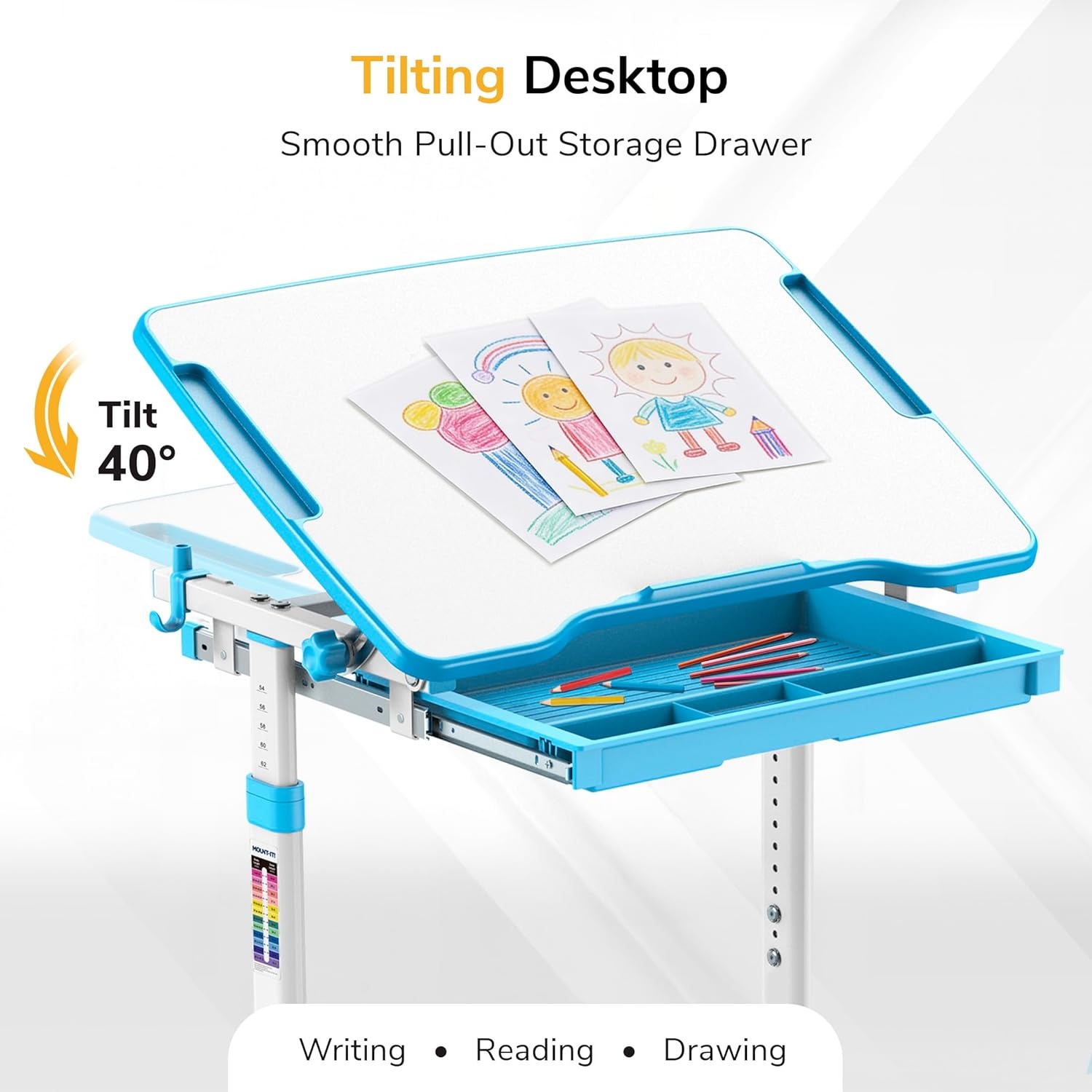 image:imageMountIt Kids Desk and Chair Set Height Adjustable Sturdy Girl Desk Child Study Desk and Chair Set for Boys Table for Art Home School Drafting Ergonomic with Storage Drawer PinkBlue