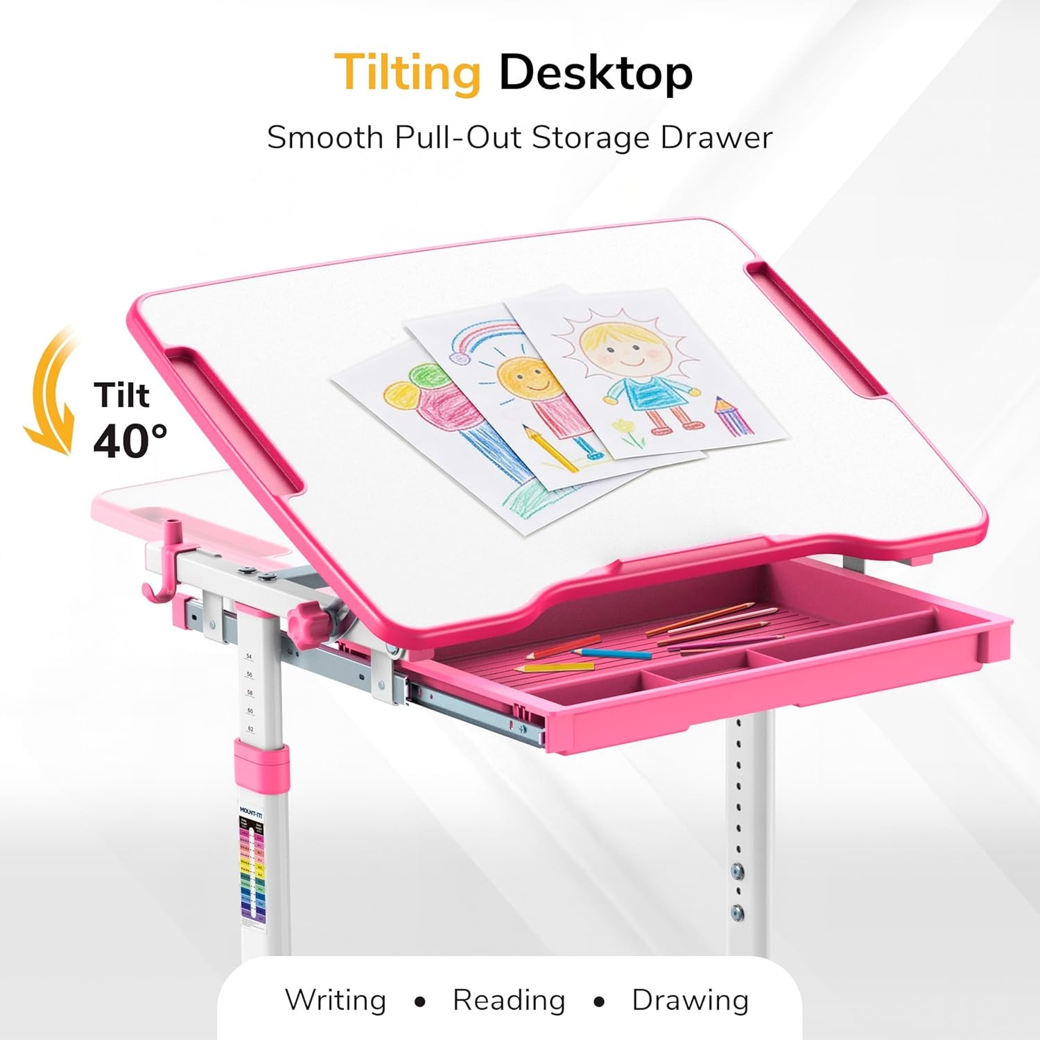 image:imageMountIt Kids Desk and Chair Set Height Adjustable Sturdy Girl Desk Child Study Desk and Chair Set for Boys Table for Art Home School Drafting Ergonomic with Storage Drawer PinkPink