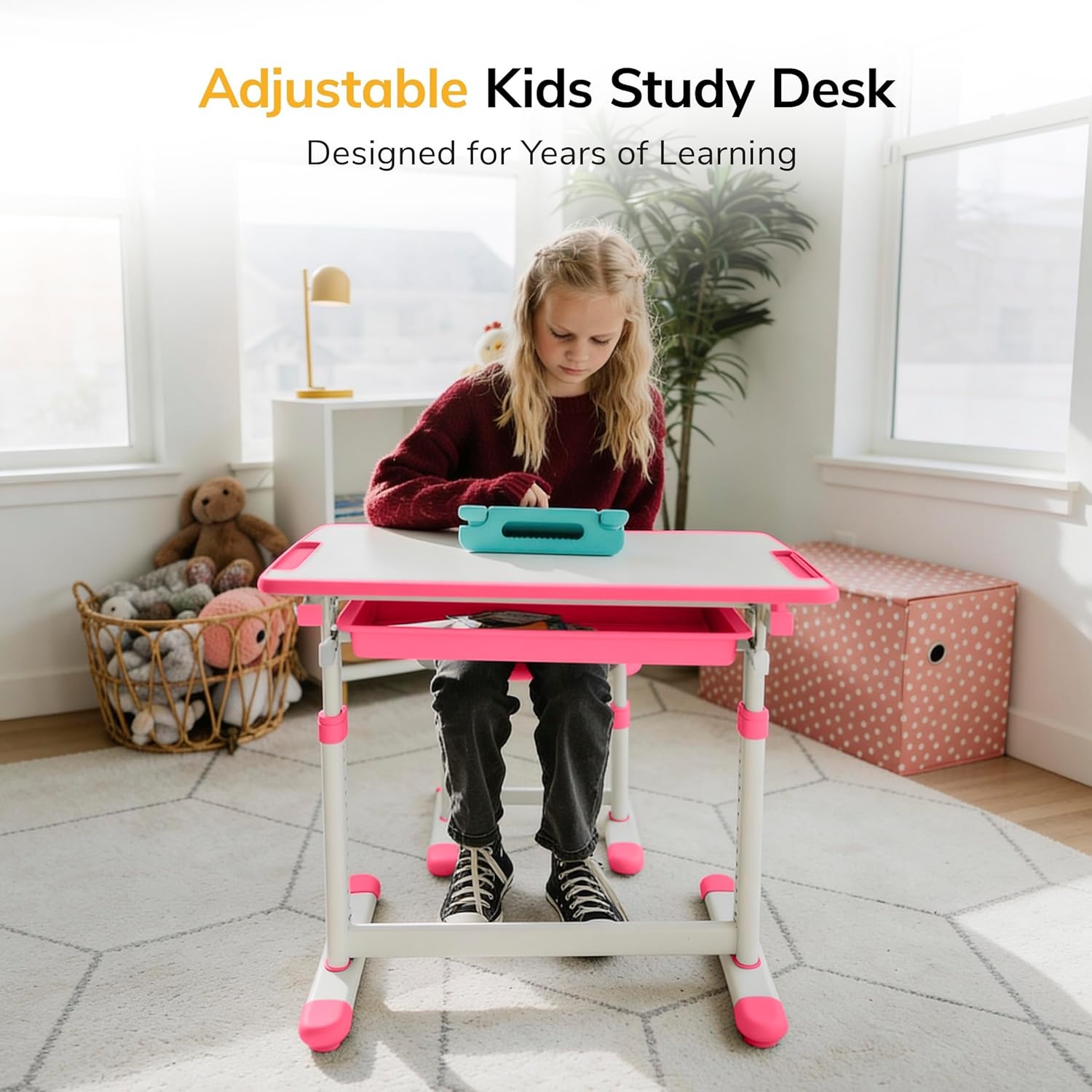 image:imageMountIt Kids Desk and Chair Set Height Adjustable Sturdy Girl Desk Child Study Desk and Chair Set for Boys Table for Art Home School Drafting Ergonomic with Storage Drawer PinkPink
