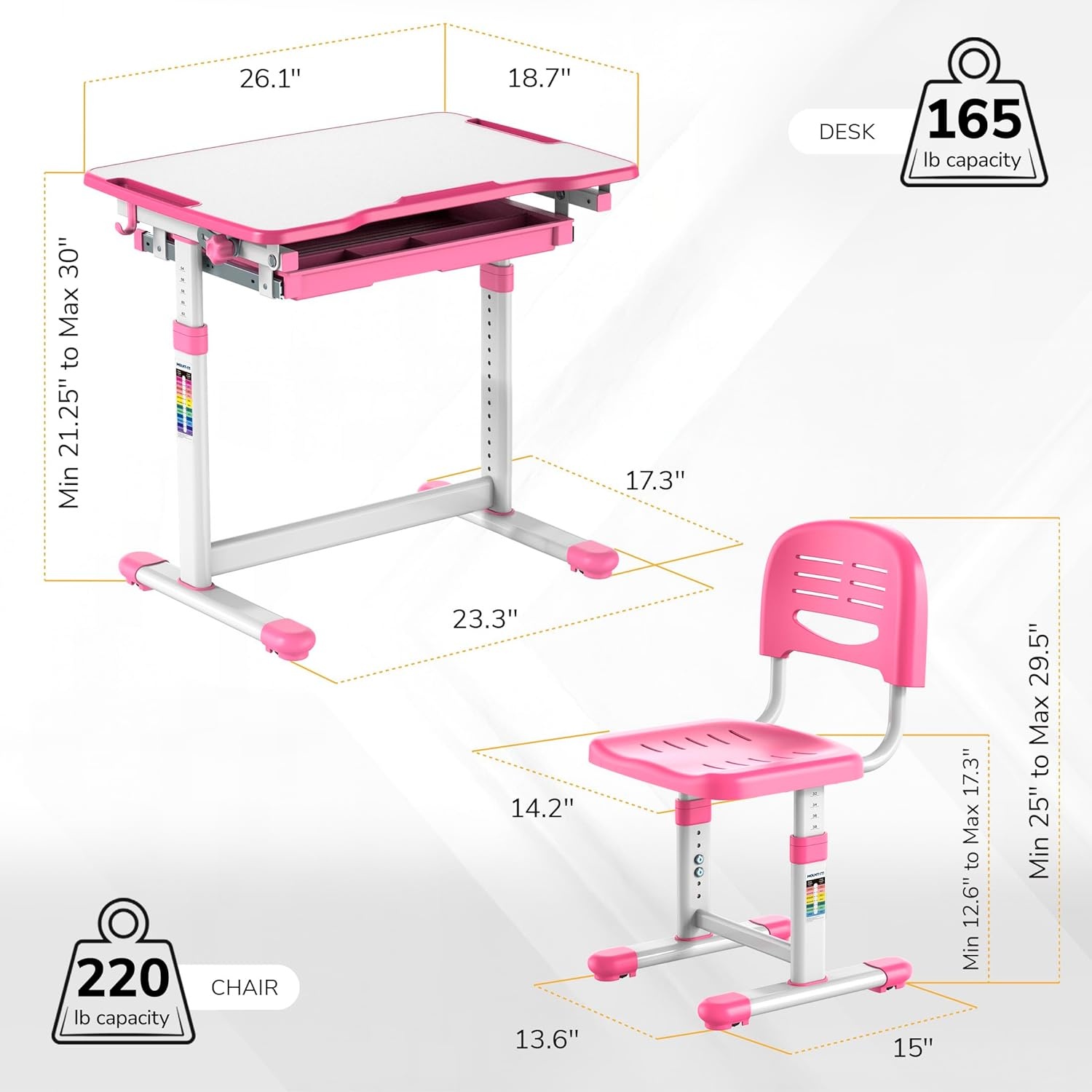 image:imageMountIt Kids Desk and Chair Set Height Adjustable Sturdy Girl Desk Child Study Desk and Chair Set for Boys Table for Art Home School Drafting Ergonomic with Storage Drawer PinkPink