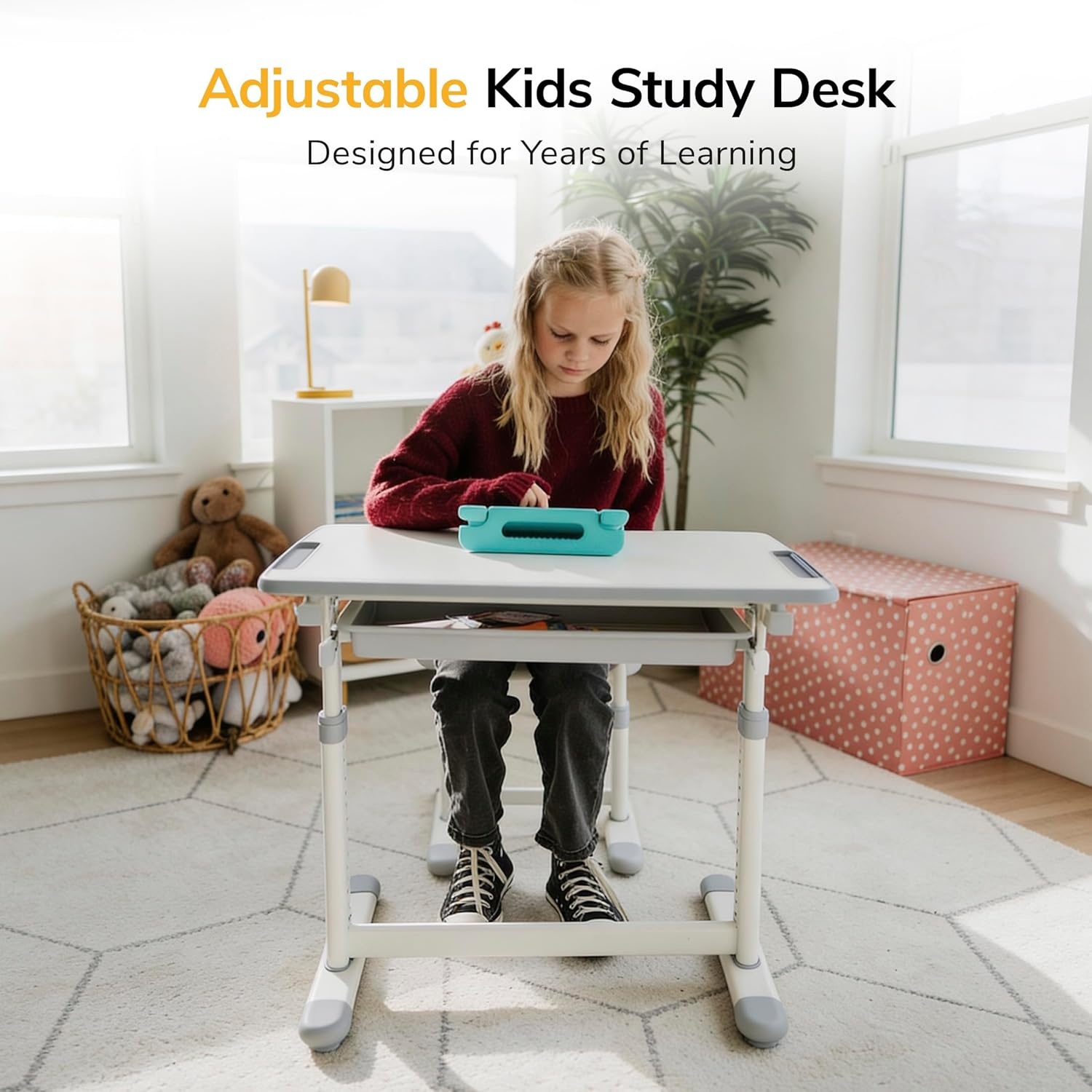 image:imageMountIt Kids Desk and Chair Set Height Adjustable Sturdy Girl Desk Child Study Desk and Chair Set for Boys Table for Art Home School Drafting Ergonomic with Storage Drawer PinkGrey