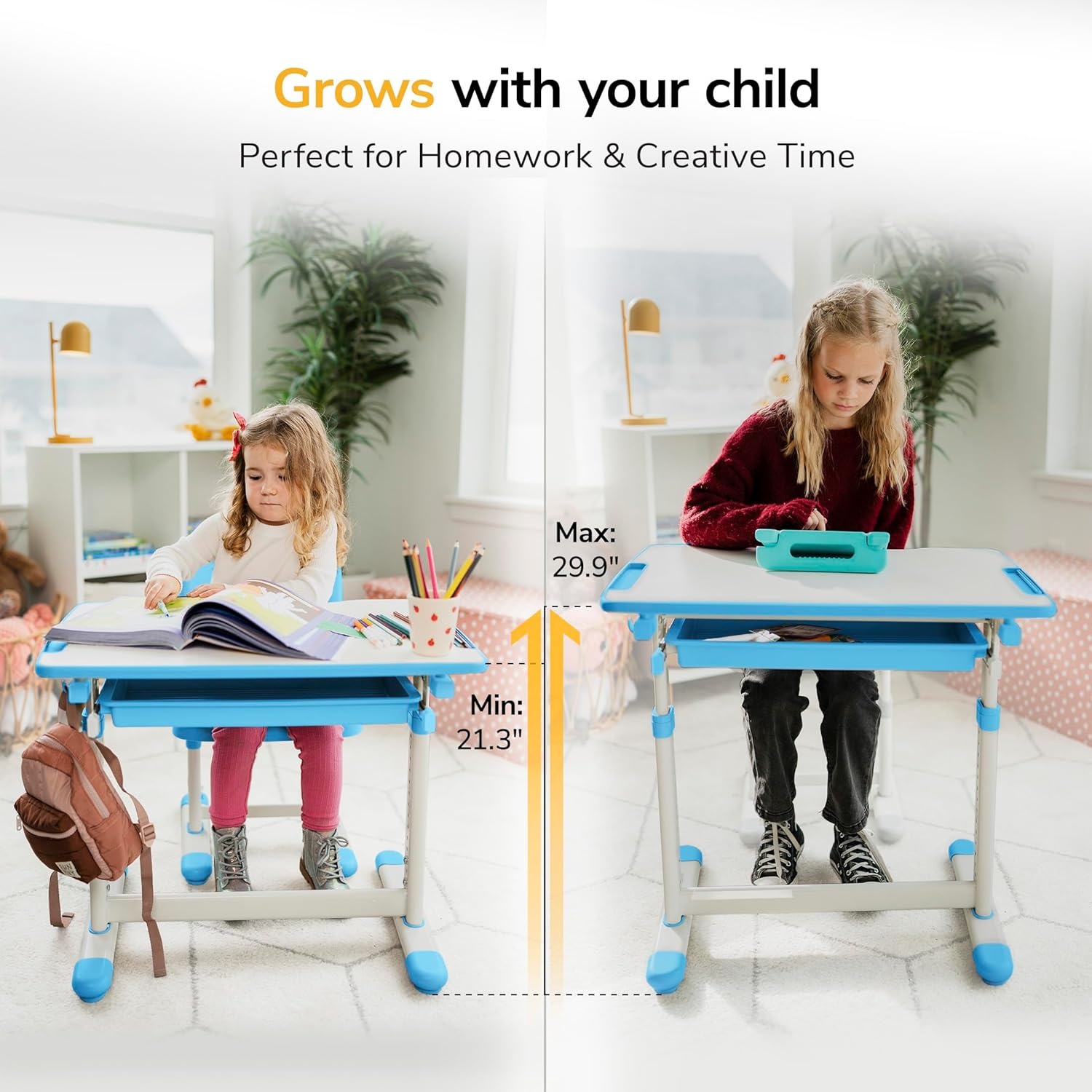 image:imageMountIt Kids Desk and Chair Set Height Adjustable Sturdy Girl Desk Child Study Desk and Chair Set for Boys Table for Art Home School Drafting Ergonomic with Storage Drawer PinkBlue