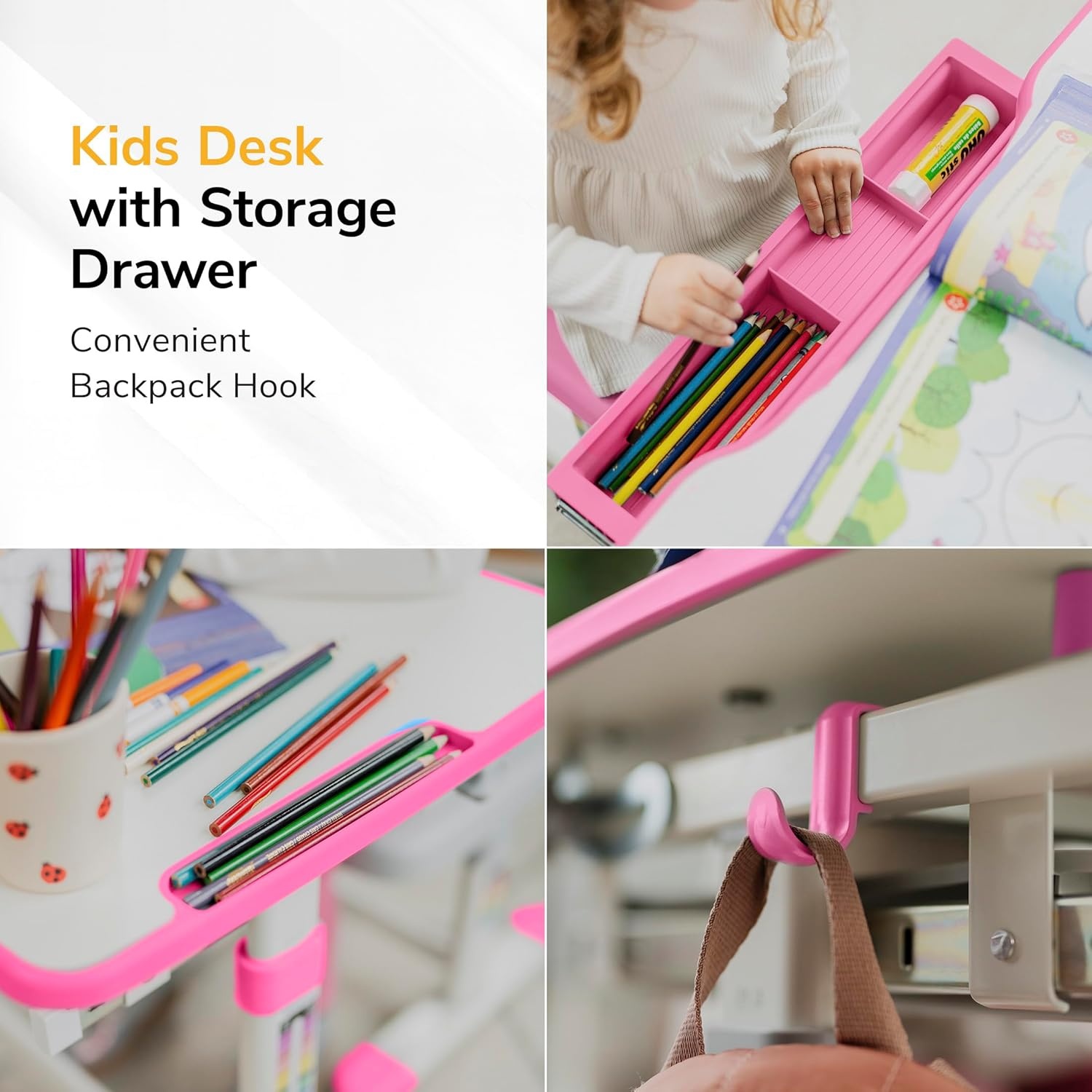 image:imageMountIt Kids Desk and Chair Set Height Adjustable Sturdy Girl Desk Child Study Desk and Chair Set for Boys Table for Art Home School Drafting Ergonomic with Storage Drawer PinkPink