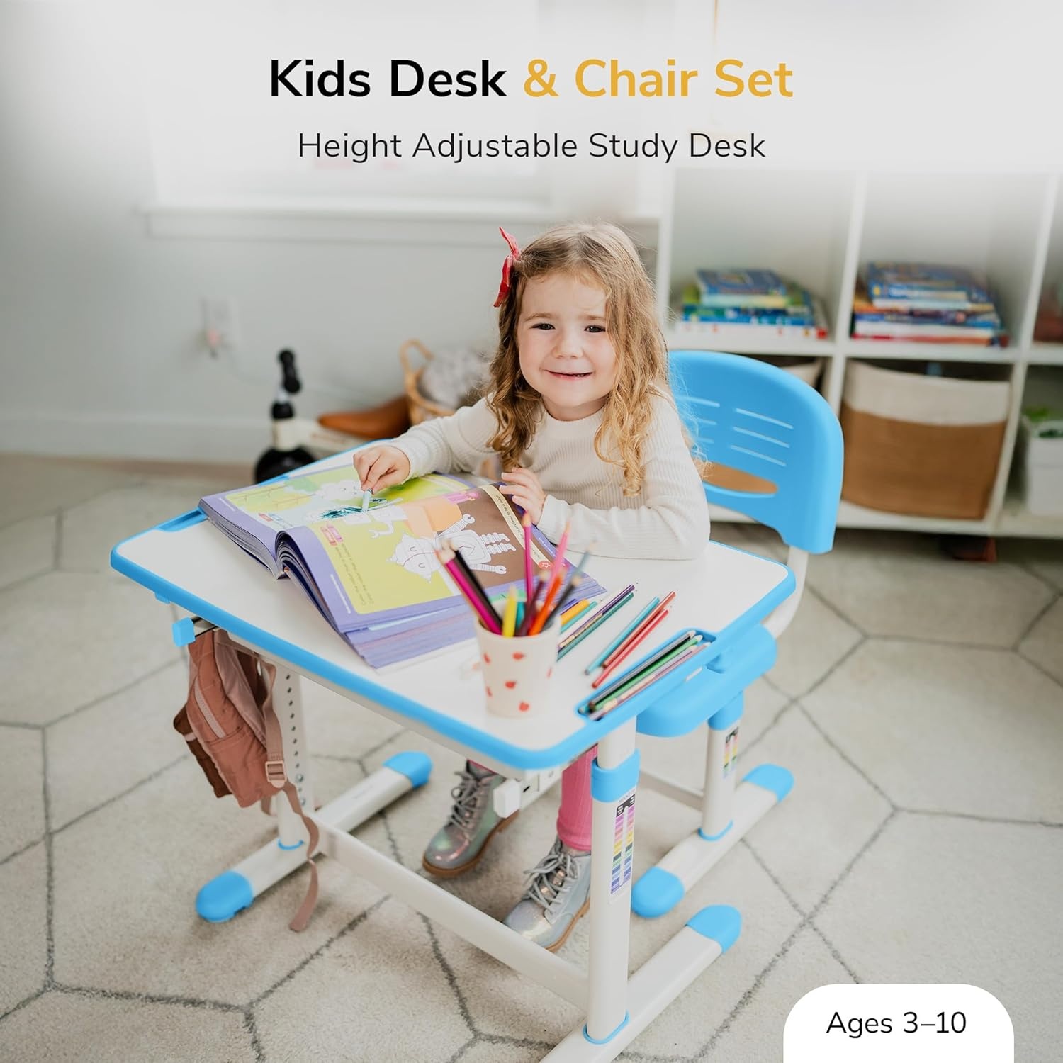 image:imageMountIt Kids Desk and Chair Set Height Adjustable Sturdy Girl Desk Child Study Desk and Chair Set for Boys Table for Art Home School Drafting Ergonomic with Storage Drawer PinkBlue