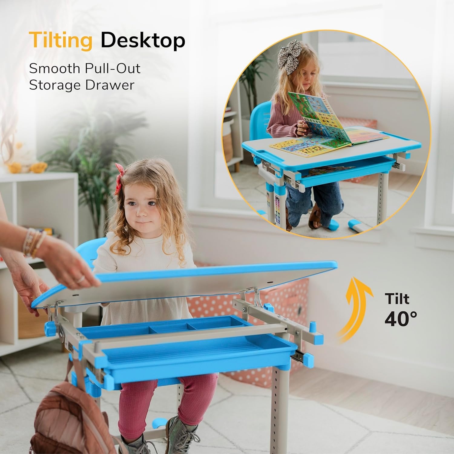 image:imageMountIt Kids Desk and Chair Set Height Adjustable Sturdy Girl Desk Child Study Desk and Chair Set for Boys Table for Art Home School Drafting Ergonomic with Storage Drawer PinkBlue