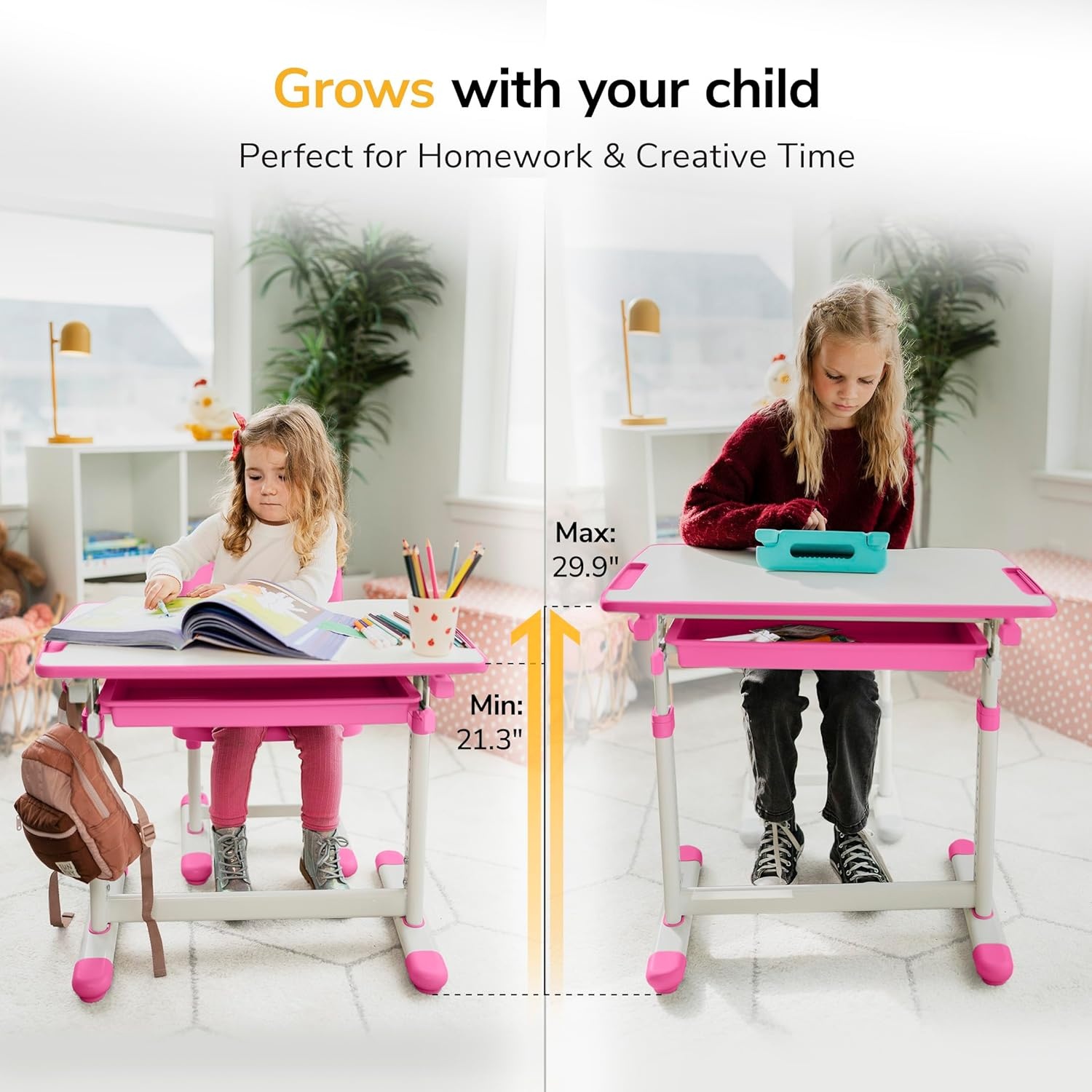 image:imageMountIt Kids Desk and Chair Set Height Adjustable Sturdy Girl Desk Child Study Desk and Chair Set for Boys Table for Art Home School Drafting Ergonomic with Storage Drawer PinkPink