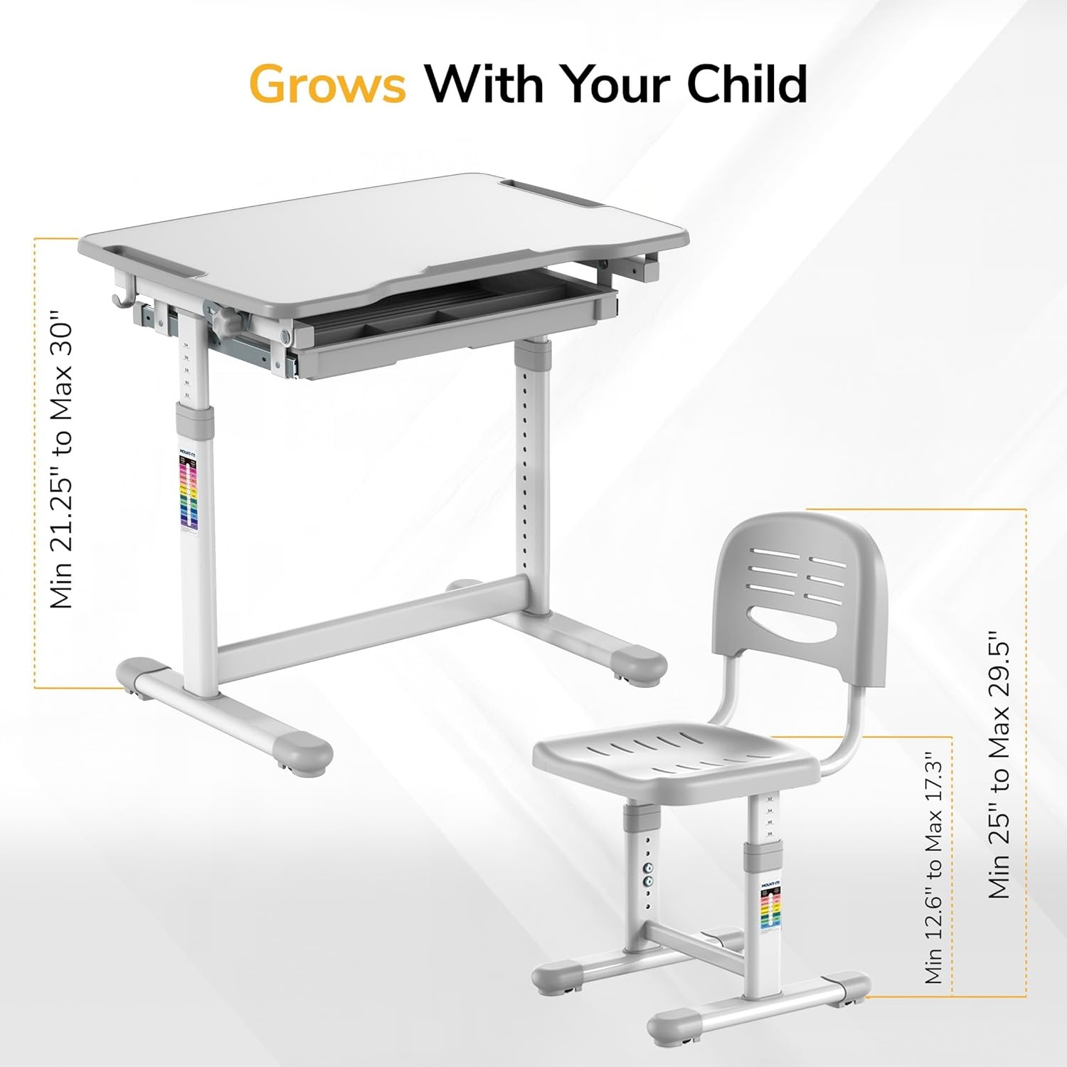image:imageMountIt Kids Desk and Chair Set Height Adjustable Sturdy Girl Desk Child Study Desk and Chair Set for Boys Table for Art Home School Drafting Ergonomic with Storage Drawer PinkGrey