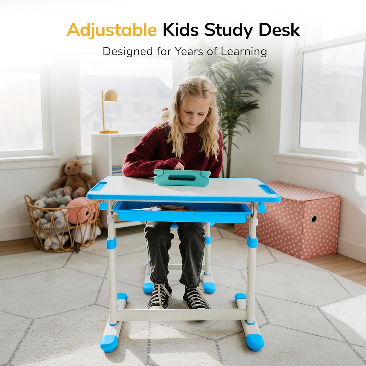 image:imageMountIt Kids Desk and Chair Set Height Adjustable Sturdy Girl Desk Child Study Desk and Chair Set for Boys Table for Art Home School Drafting Ergonomic with Storage Drawer PinkBlue