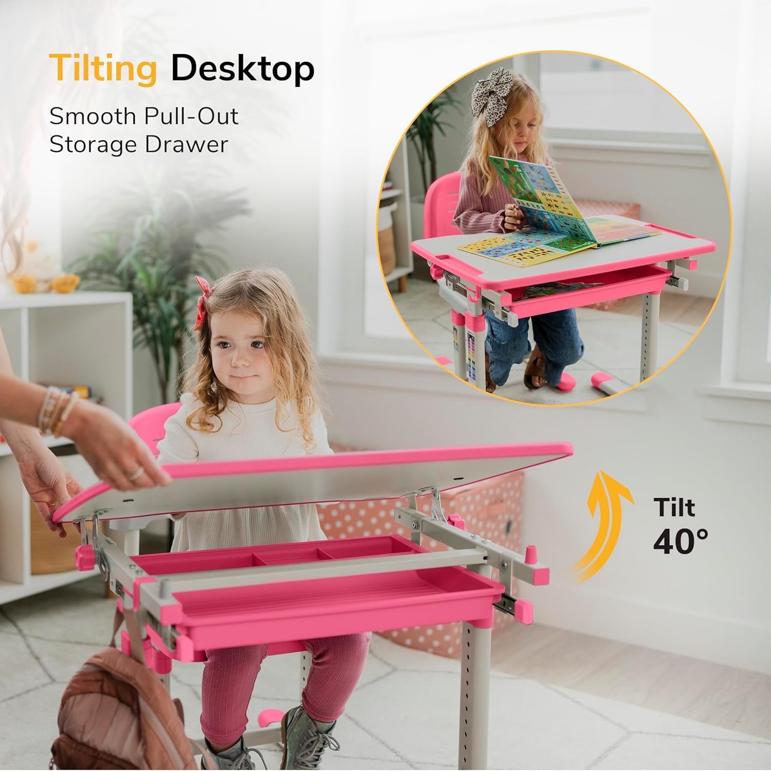 image:imageMountIt Kids Desk and Chair Set Height Adjustable Sturdy Girl Desk Child Study Desk and Chair Set for Boys Table for Art Home School Drafting Ergonomic with Storage Drawer PinkPink