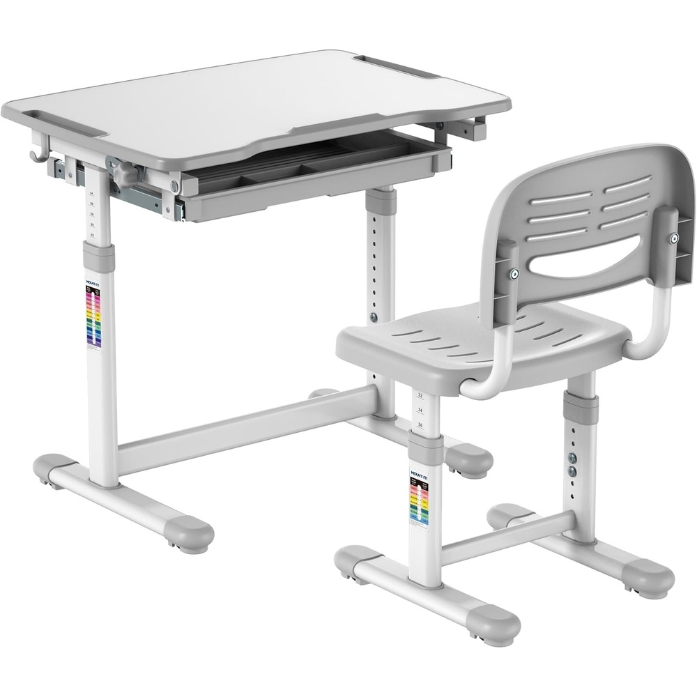 image:imageMountIt Kids Desk and Chair Set Height Adjustable Sturdy Girl Desk Child Study Desk and Chair Set for Boys Table for Art Home School Drafting Ergonomic with Storage Drawer PinkGrey