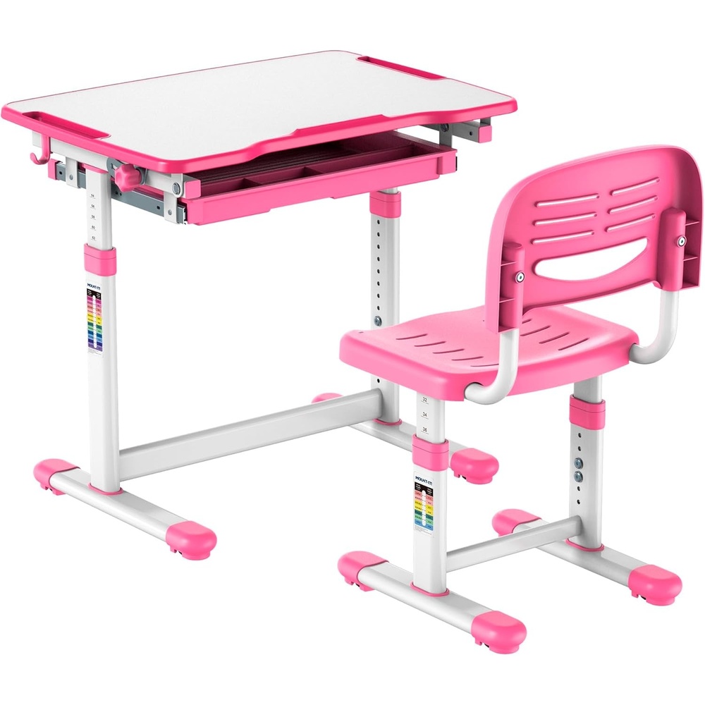 image:imageMountIt Kids Desk and Chair Set Height Adjustable Sturdy Girl Desk Child Study Desk and Chair Set for Boys Table for Art Home School Drafting Ergonomic with Storage Drawer PinkPink