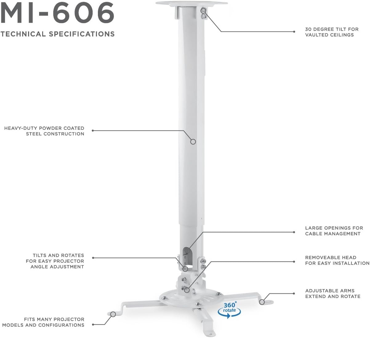 image:imageMOUNTIT Low Profile Projector Ceiling Mount 30 lbs Capacity Universal Bracket 360 Full Motion Rotation with 30 Degree Tilt and Roll 6 Inches High White ShortLong