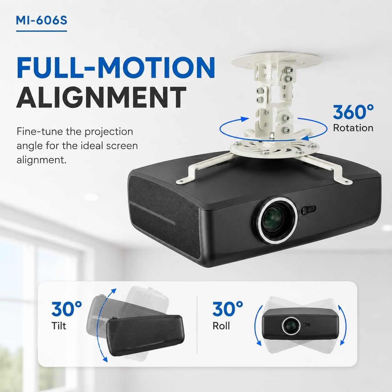 image:imageMOUNTIT Low Profile Projector Ceiling Mount 30 lbs Capacity Universal Bracket 360 Full Motion Rotation with 30 Degree Tilt and Roll 6 Inches High White ShortShort