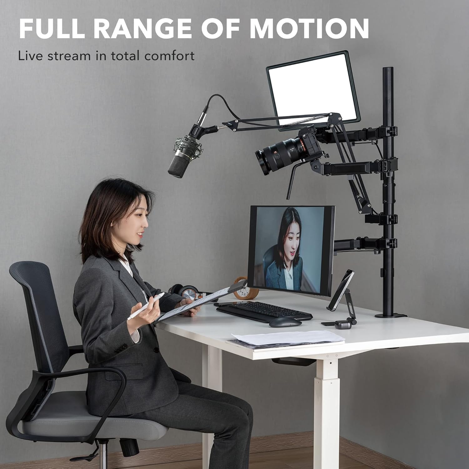 image:imageMountIt AllinOne Streaming Desk Mount 4 Arm Setup for Monitor Camera Ring Light amp Mic Live Stream Equipment for YouTube Podcast Gaming Zoom VESA Compatible ClampGrommet Base4 arm