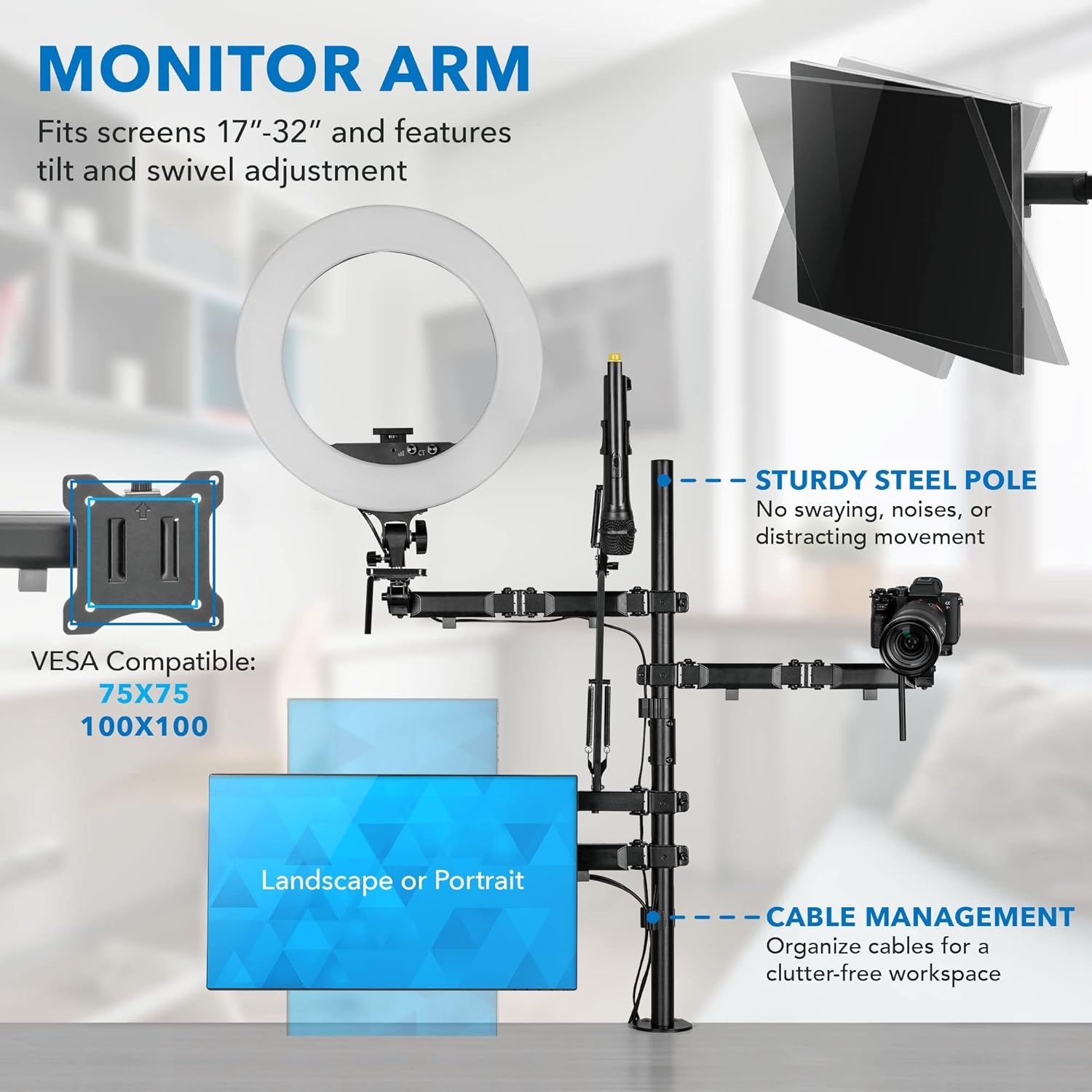 image:imageMountIt AllinOne Streaming Desk Mount 4 Arm Setup for Monitor Camera Ring Light amp Mic Live Stream Equipment for YouTube Podcast Gaming Zoom VESA Compatible ClampGrommet Base4 arm