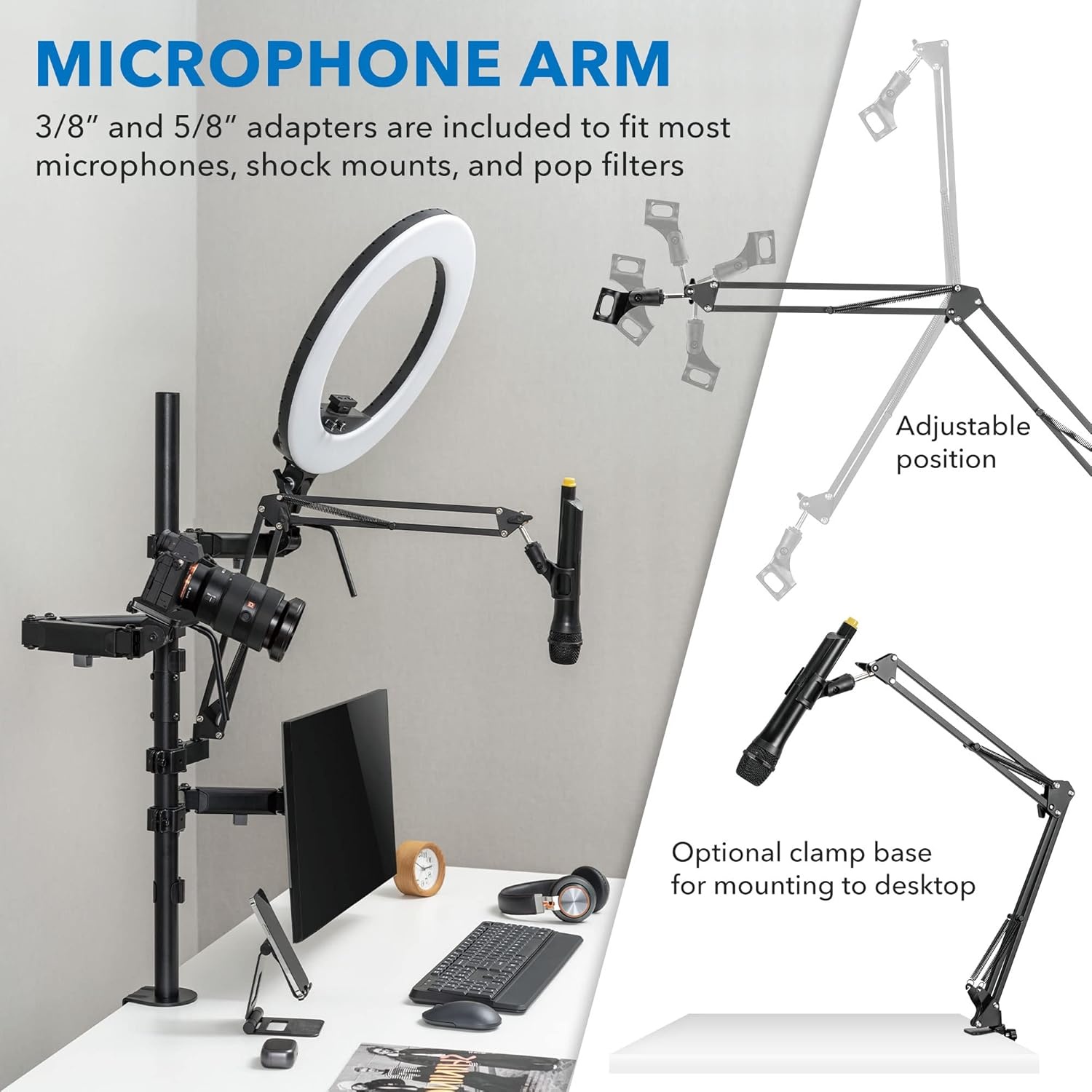 image:imageMountIt AllinOne Streaming Desk Mount 4 Arm Setup for Monitor Camera Ring Light amp Mic Live Stream Equipment for YouTube Podcast Gaming Zoom VESA Compatible ClampGrommet Base4 arm