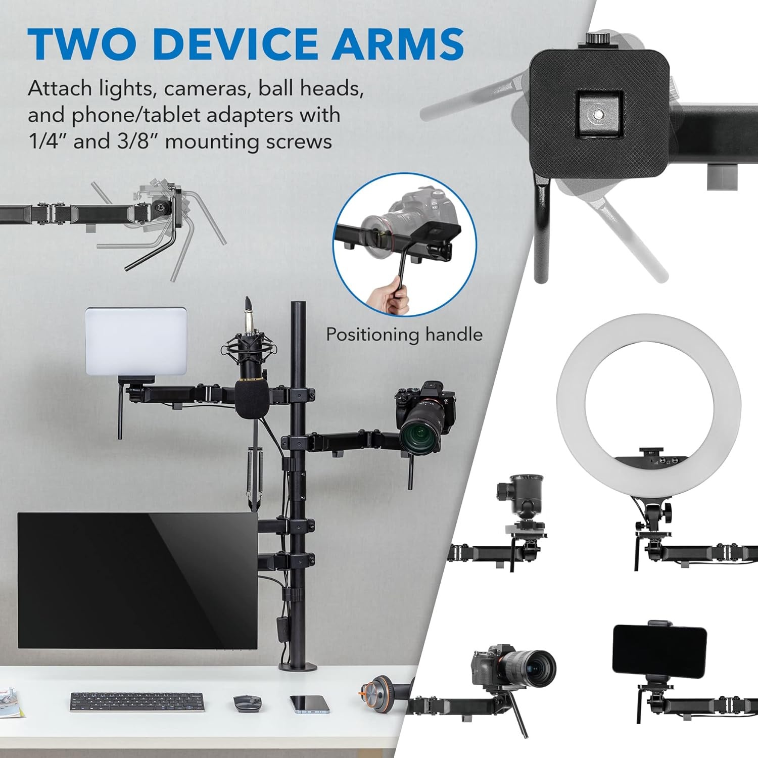 image:imageMountIt AllinOne Streaming Desk Mount 4 Arm Setup for Monitor Camera Ring Light amp Mic Live Stream Equipment for YouTube Podcast Gaming Zoom VESA Compatible ClampGrommet Base4 arm
