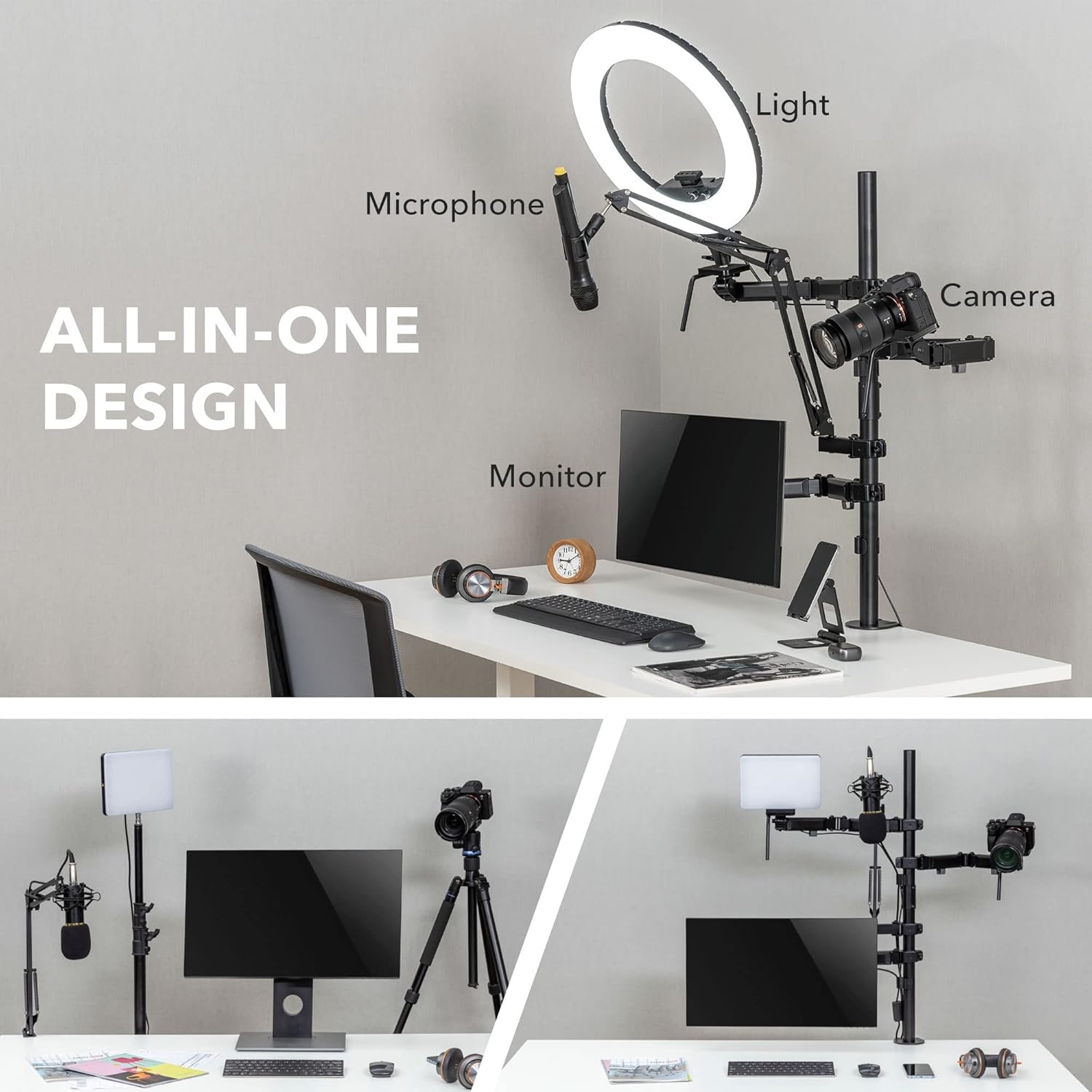 image:imageMountIt AllinOne Streaming Desk Mount 4 Arm Setup for Monitor Camera Ring Light amp Mic Live Stream Equipment for YouTube Podcast Gaming Zoom VESA Compatible ClampGrommet Base4 arm