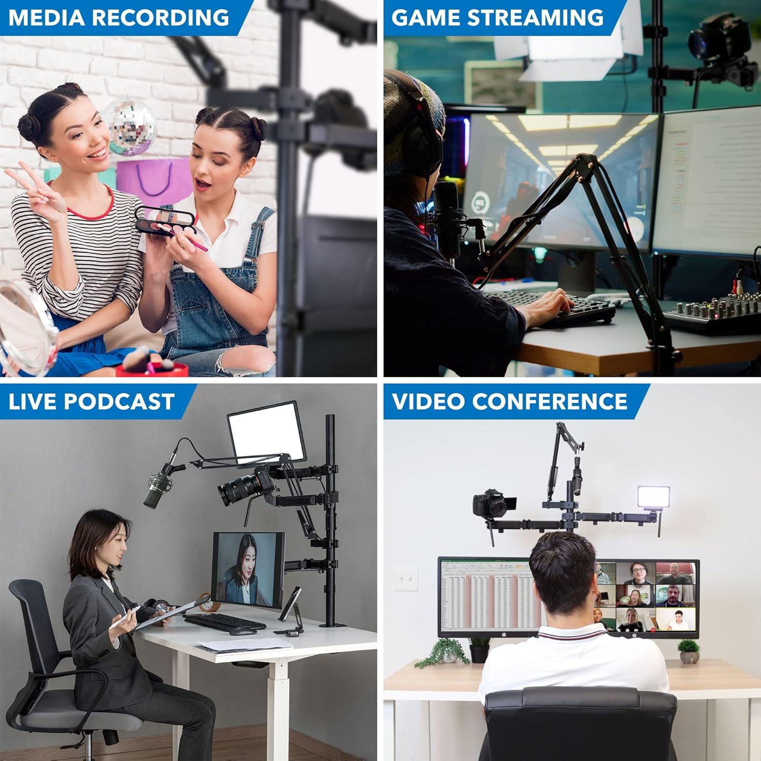 image:imageMountIt AllinOne Streaming Desk Mount 4 Arm Setup for Monitor Camera Ring Light amp Mic Live Stream Equipment for YouTube Podcast Gaming Zoom VESA Compatible ClampGrommet Base4 arm