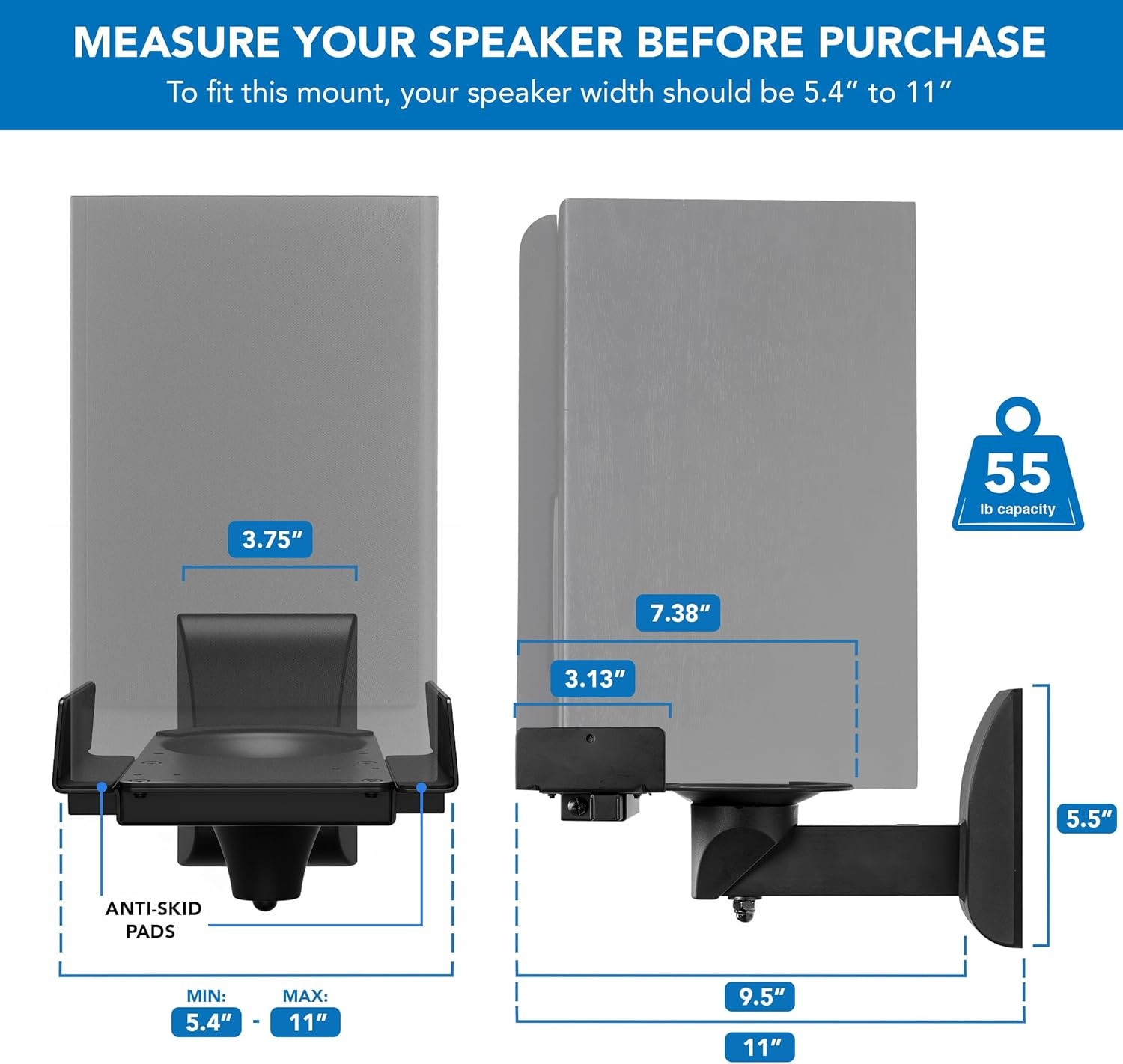 image:imageMountIt Bookshelf Speaker Wall Mount Pair of Universal Side Clamping Speaker Shelf Wall Mounting Brackets for Large or Small Speakers 2 Full Motion Mounts 55 Lbs Capacity Black MISB37