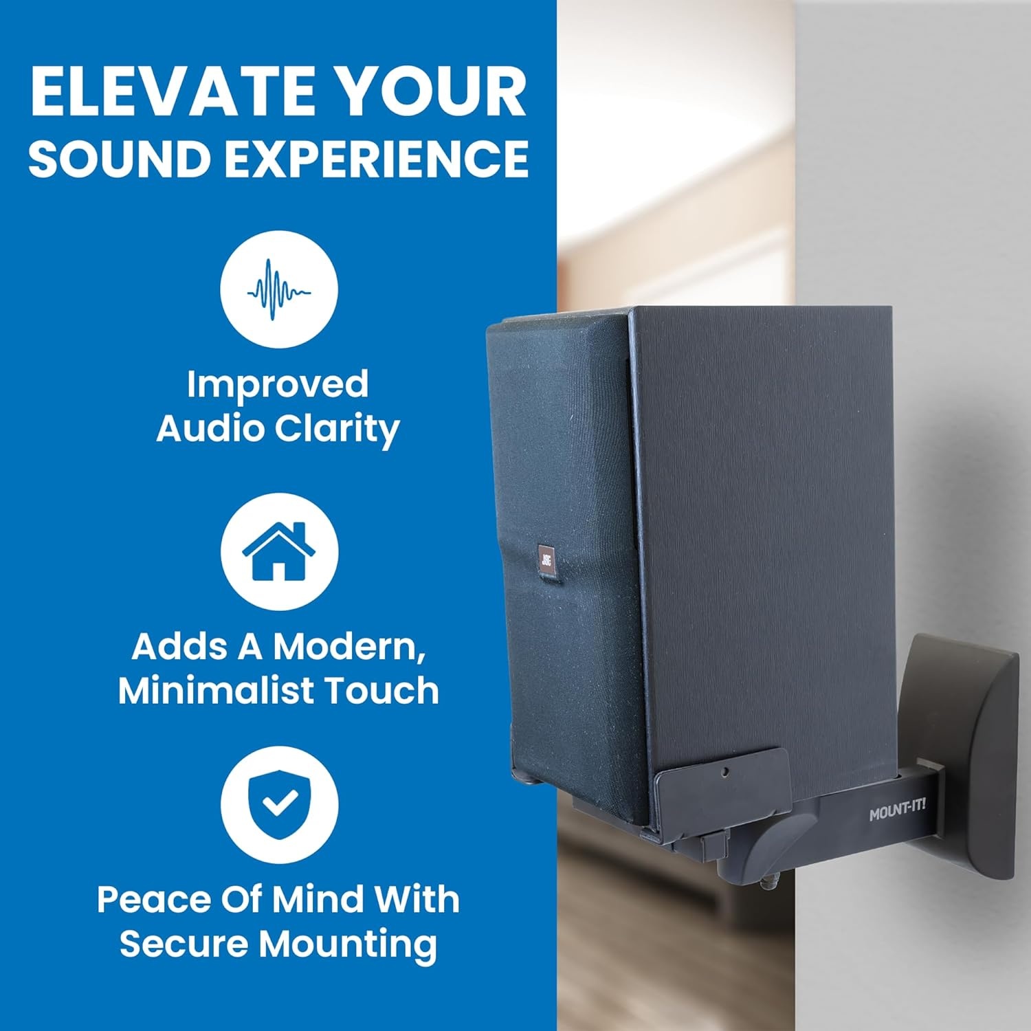 image:imageMountIt Bookshelf Speaker Wall Mount Pair of Universal Side Clamping Speaker Shelf Wall Mounting Brackets for Large or Small Speakers 2 Full Motion Mounts 55 Lbs Capacity Black MISB37