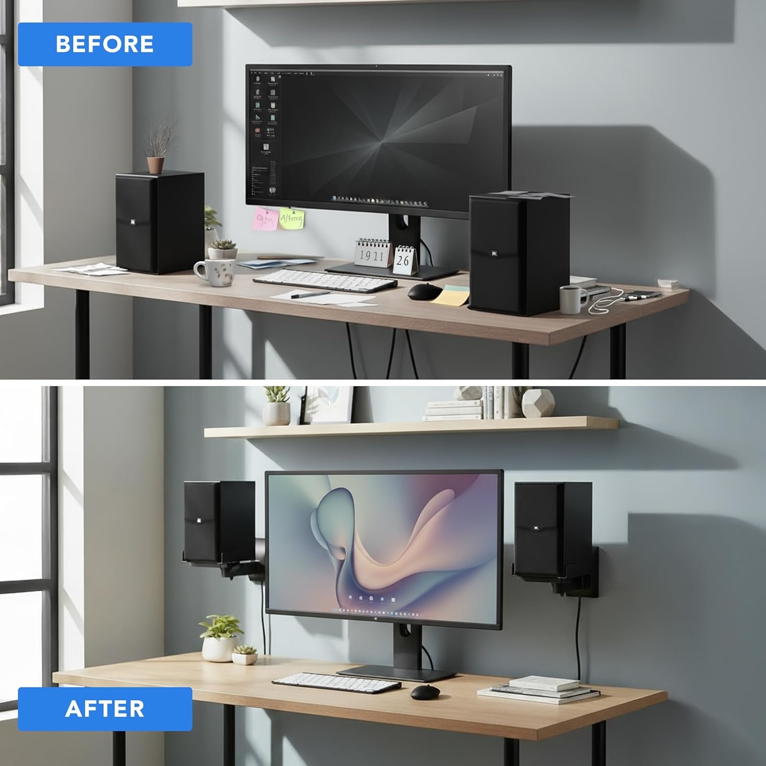 image:imageMountIt Bookshelf Speaker Wall Mount Pair of Universal Side Clamping Speaker Shelf Wall Mounting Brackets for Large or Small Speakers 2 Full Motion Mounts 55 Lbs Capacity Black MISB37