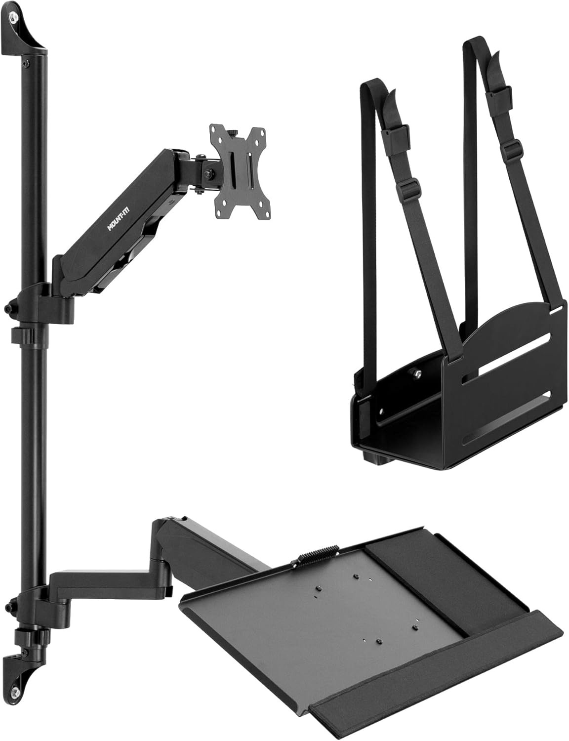 image:imageMountIt Dual Monitor Arm Wall Mount Workstation with Keyboard Tray amp CPU Holder Height Adjustable Gas Spring Full Motion Computer Station Fits 1732 VESA 75x75 100x100 BlackSingle Monitor