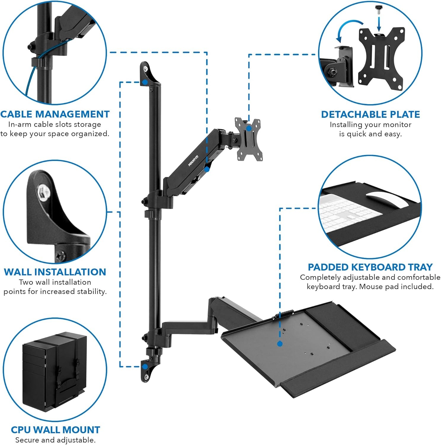 image:imageMountIt Dual Monitor Arm Wall Mount Workstation with Keyboard Tray amp CPU Holder Height Adjustable Gas Spring Full Motion Computer Station Fits 1732 VESA 75x75 100x100 BlackSingle Monitor