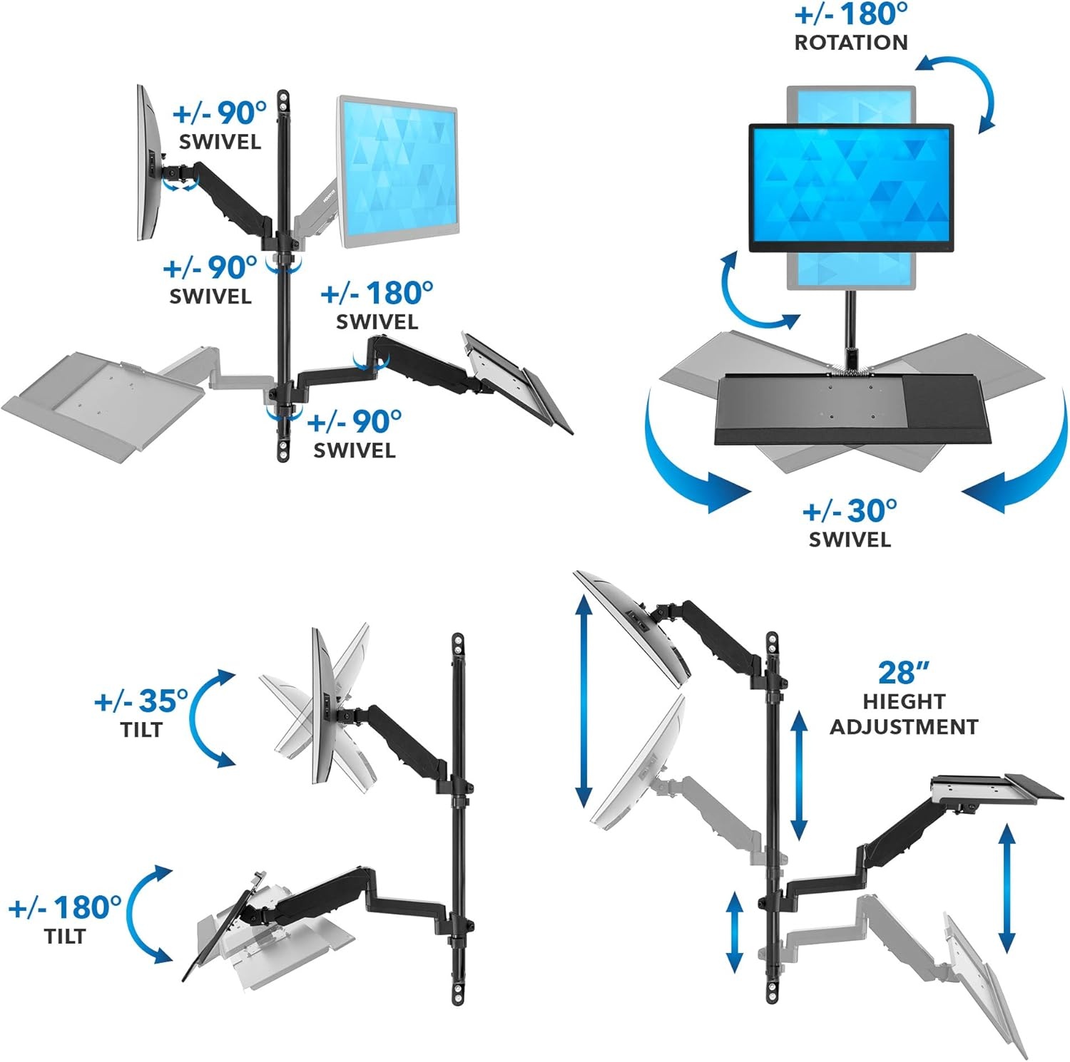 image:imageMountIt Dual Monitor Arm Wall Mount Workstation with Keyboard Tray amp CPU Holder Height Adjustable Gas Spring Full Motion Computer Station Fits 1732 VESA 75x75 100x100 BlackSingle Monitor