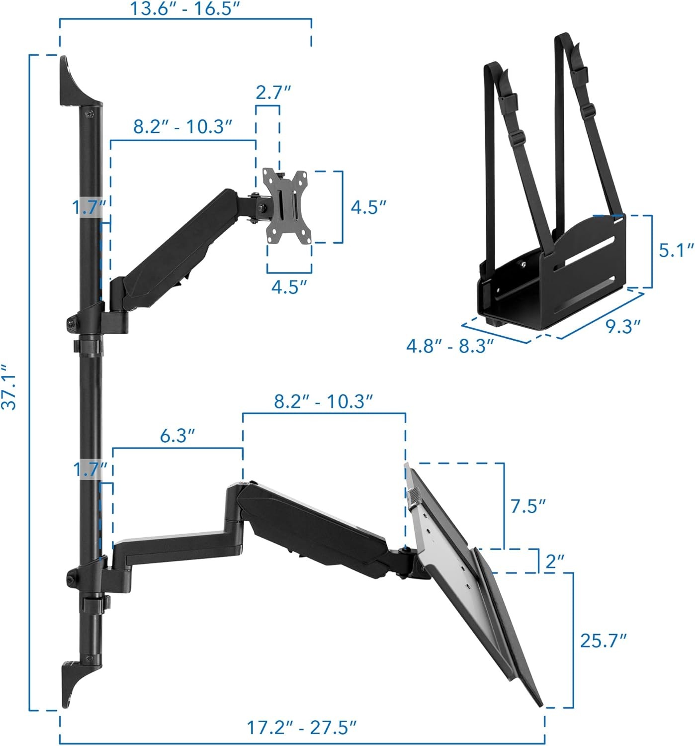 image:imageMountIt Dual Monitor Arm Wall Mount Workstation with Keyboard Tray amp CPU Holder Height Adjustable Gas Spring Full Motion Computer Station Fits 1732 VESA 75x75 100x100 BlackSingle Monitor