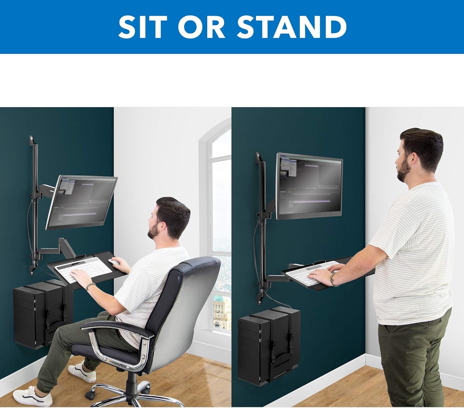 image:imageMountIt Dual Monitor Arm Wall Mount Workstation with Keyboard Tray amp CPU Holder Height Adjustable Gas Spring Full Motion Computer Station Fits 1732 VESA 75x75 100x100 BlackSingle Monitor