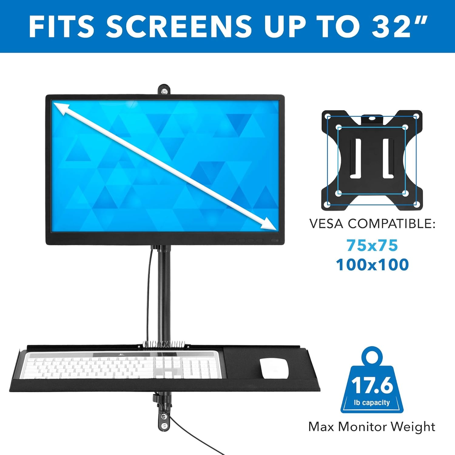 image:imageMountIt Dual Monitor Arm Wall Mount Workstation with Keyboard Tray amp CPU Holder Height Adjustable Gas Spring Full Motion Computer Station Fits 1732 VESA 75x75 100x100 BlackSingle Monitor