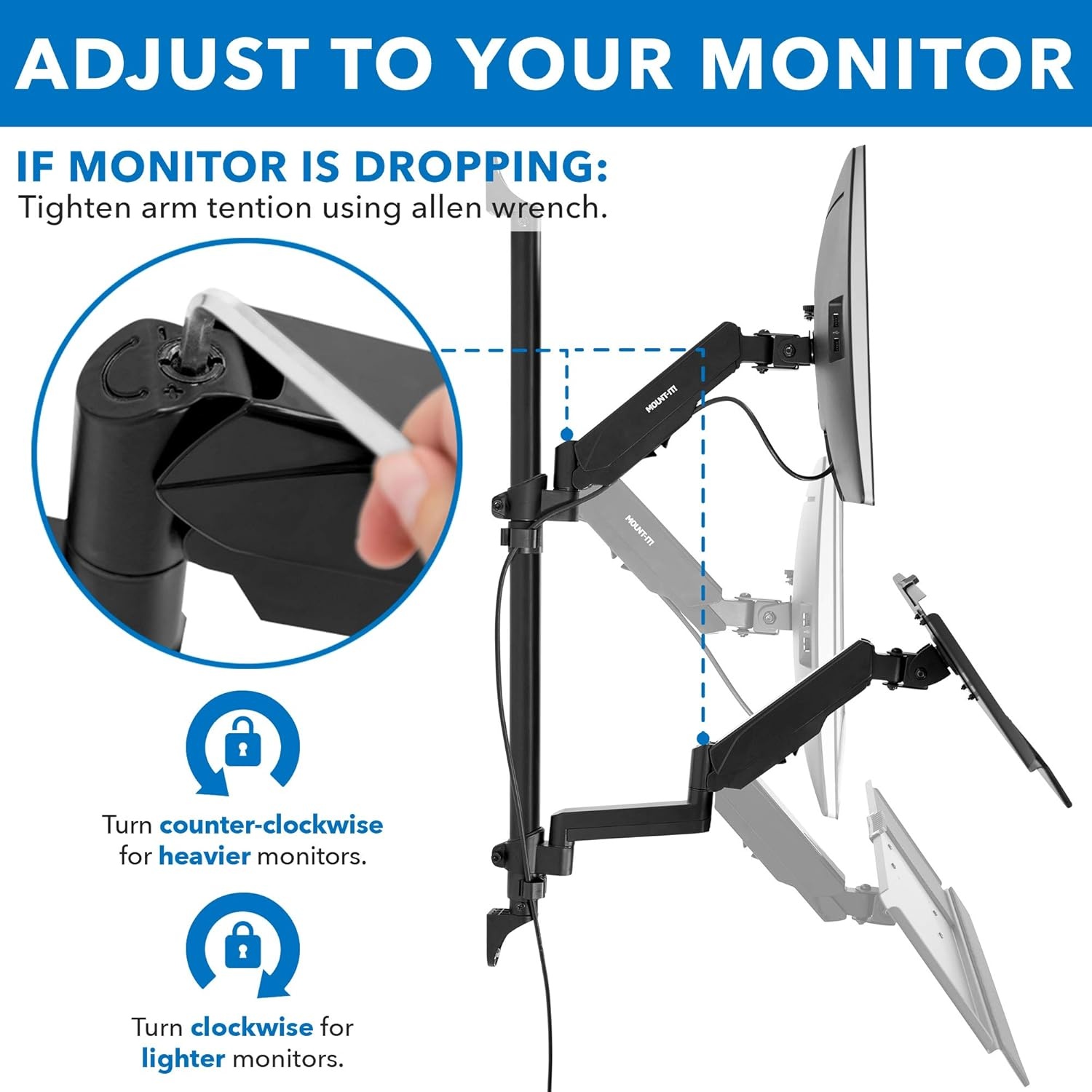 image:imageMountIt Dual Monitor Arm Wall Mount Workstation with Keyboard Tray amp CPU Holder Height Adjustable Gas Spring Full Motion Computer Station Fits 1732 VESA 75x75 100x100 BlackSingle Monitor