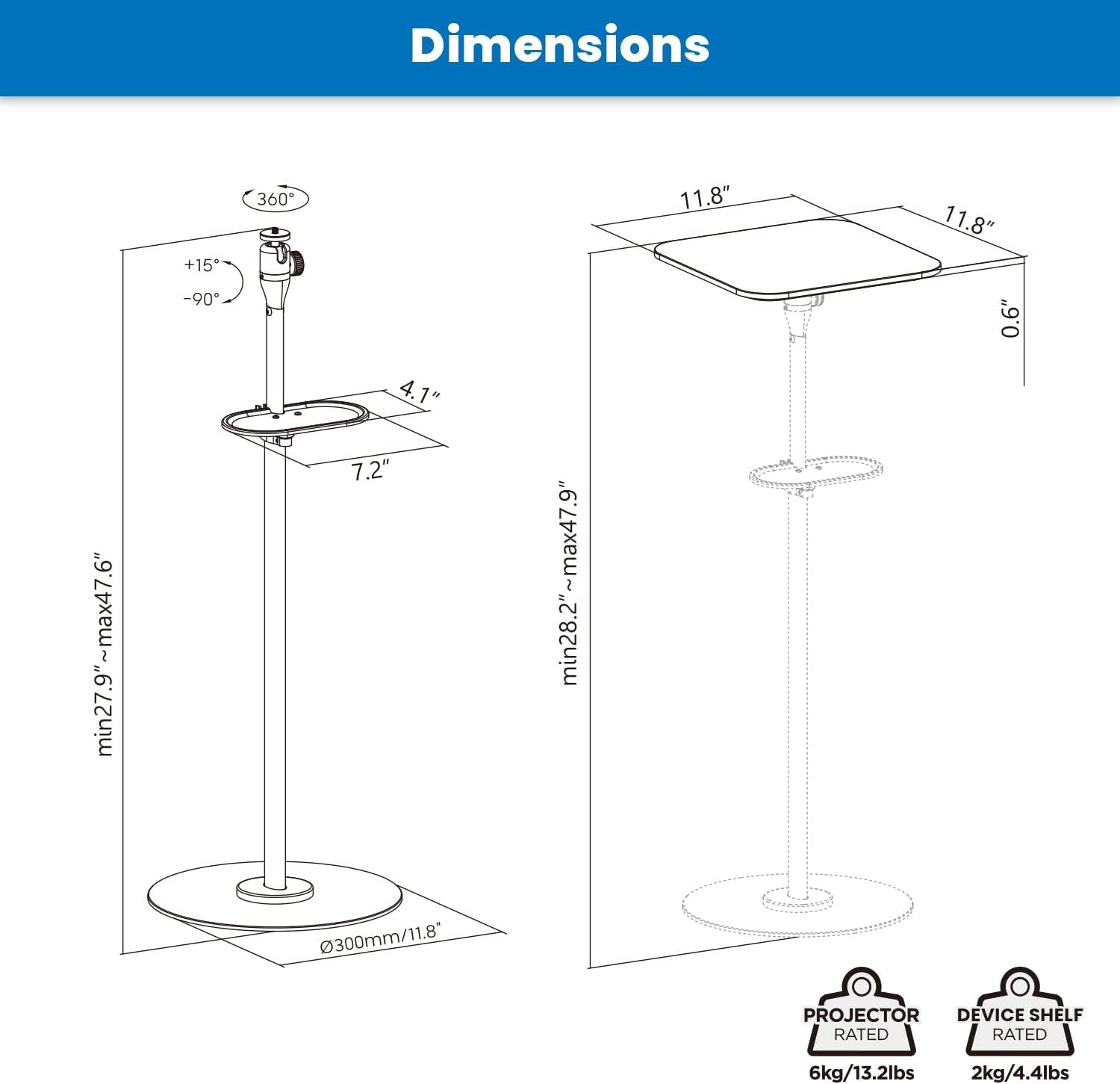 image:imageMountIt Floor Projector Stand 2 Mounting Options 14 Screw and Platform Portable Projector Stand For Mini Projectors Adjustable Height Floor Stand 132 lb load For Home Office Studio DJs