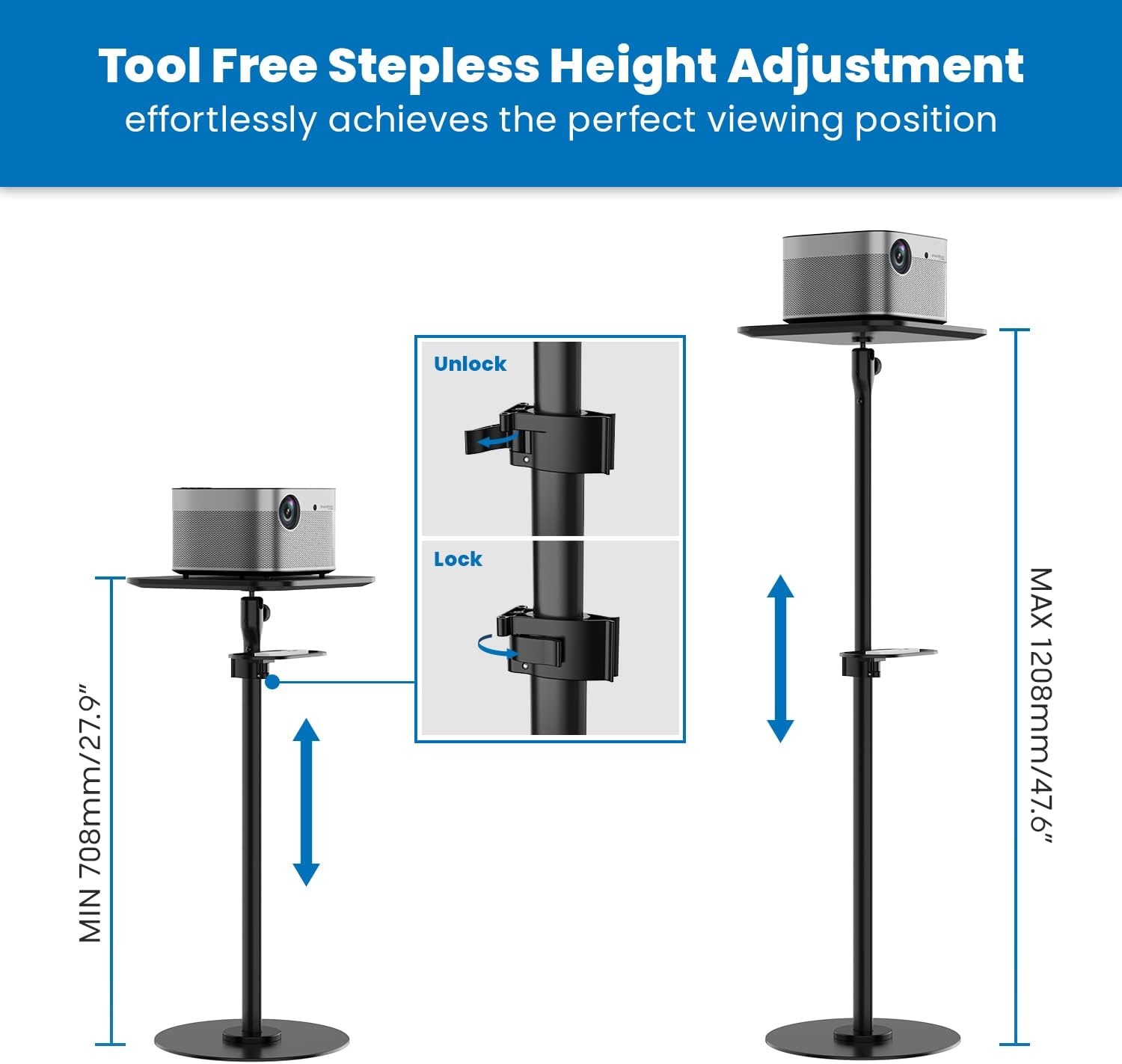 image:imageMountIt Floor Projector Stand 2 Mounting Options 14 Screw and Platform Portable Projector Stand For Mini Projectors Adjustable Height Floor Stand 132 lb load For Home Office Studio DJs