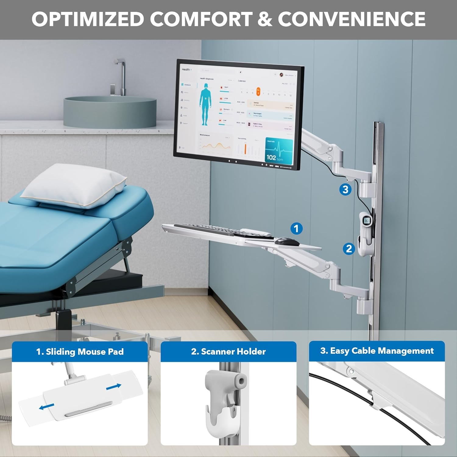 image:imageMountIt MedHub Medical Workstation Wall Mount with Wall Track Dual Gas Spring Monitor amp Keyboard Arms Folding Keyboard Tray Scanner Holder VESA 1743 Exam Rooms Clinics amp Dental