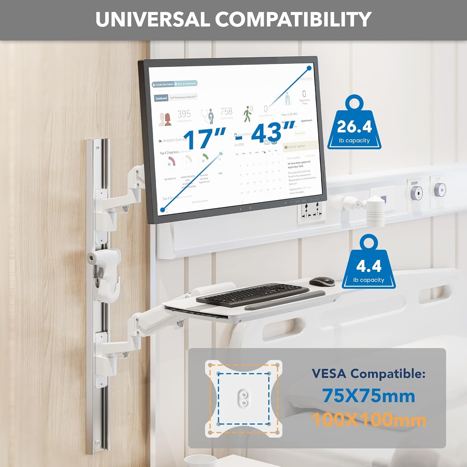 image:imageMountIt MedHub Medical Workstation Wall Mount with Wall Track Dual Gas Spring Monitor amp Keyboard Arms Folding Keyboard Tray Scanner Holder VESA 1743 Exam Rooms Clinics amp Dental