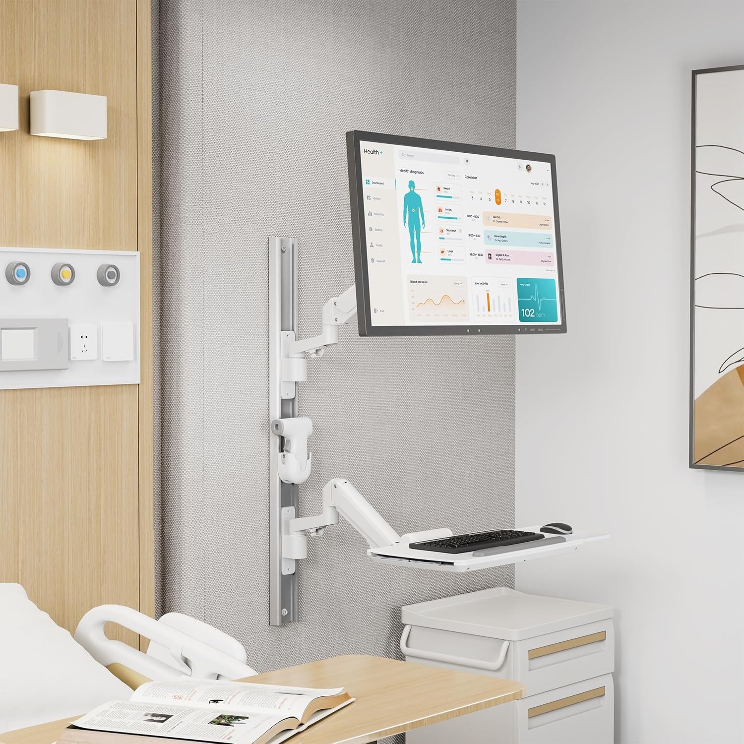 image:imageMountIt MedHub Medical Workstation Wall Mount with Wall Track Dual Gas Spring Monitor amp Keyboard Arms Folding Keyboard Tray Scanner Holder VESA 1743 Exam Rooms Clinics amp Dental