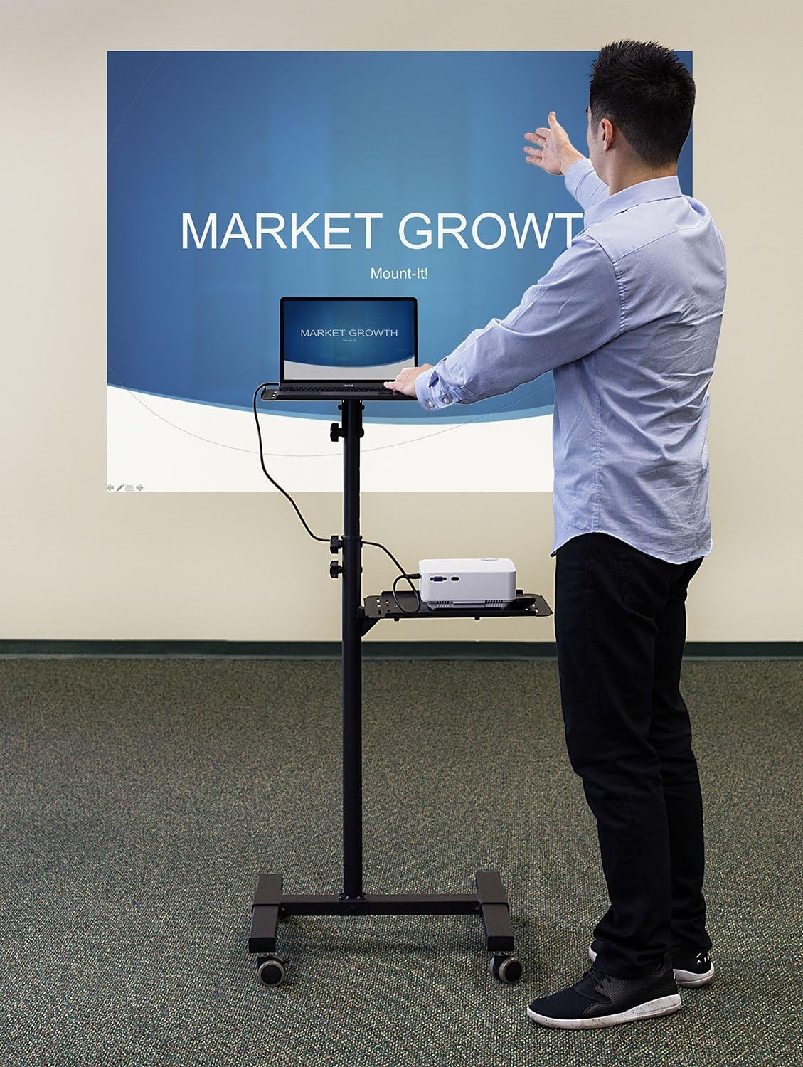 image:imageMountIt Mobile Projector and Laptop Stand 2 Shelves Rolling Cart with Ventilated Tray Heavy Duty Height Adjustable Laptop and Projector Presentation Trolley Black